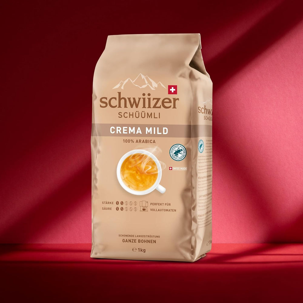 Schwiizer Schüümli Crema Doux, 100 % grains de café Arabica de qualité supérieure, fruité et noisette, pour machines à café entièrement automatiques, intensité 2/5, torréfaction légère, certifié Rainforest Alliance, 1 kg (lot de 2)