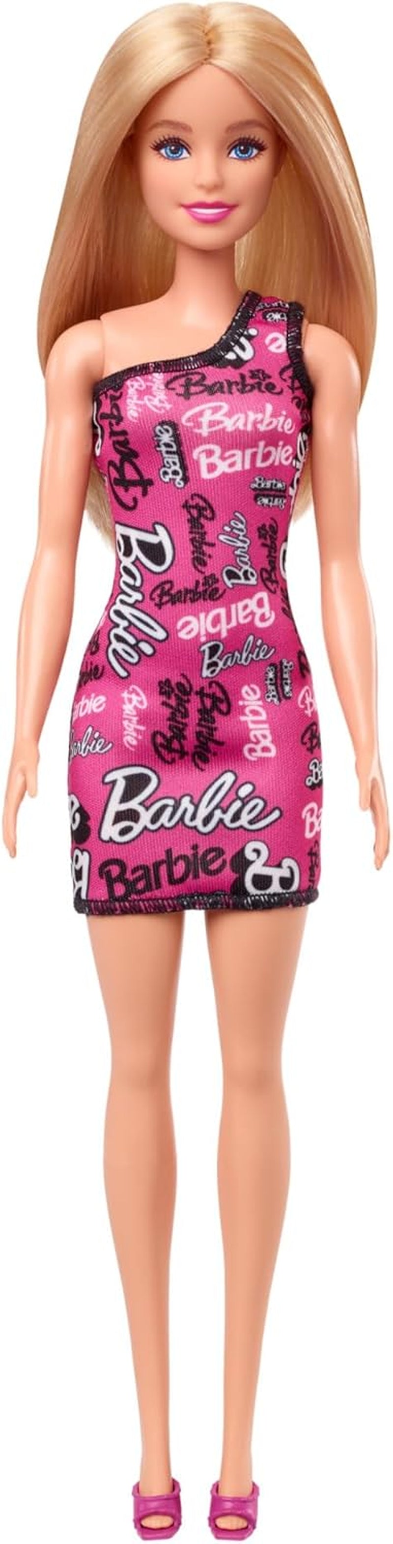 Poupée Barbie à la mode avec des cheveux blonds raides, vêtue d'une robe rose à une épaule amovible et de chaussures avec logo imprimé, HRH07