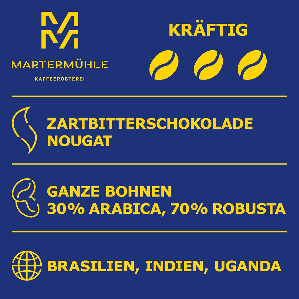 Martermühle Caffè Autostrada Espressobohnen 500g kräftig I Arabica/Robusta I Saveur : Nougat, Zartbitterschokolade I Ganze Espresso-Bohnen schonend geröstet, säurearm