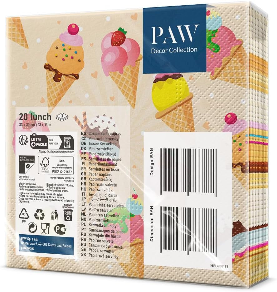 PAW - Serviettes 3 Plis (33 X 33 Cm) I 20 Pièces I Parfaites pour les Fêtes, Anniversaires, Vacances I Décorations de Table pour Fêtes d'Enfants - Serviettes en Papier à Motifs Colorés - Glace I Glace