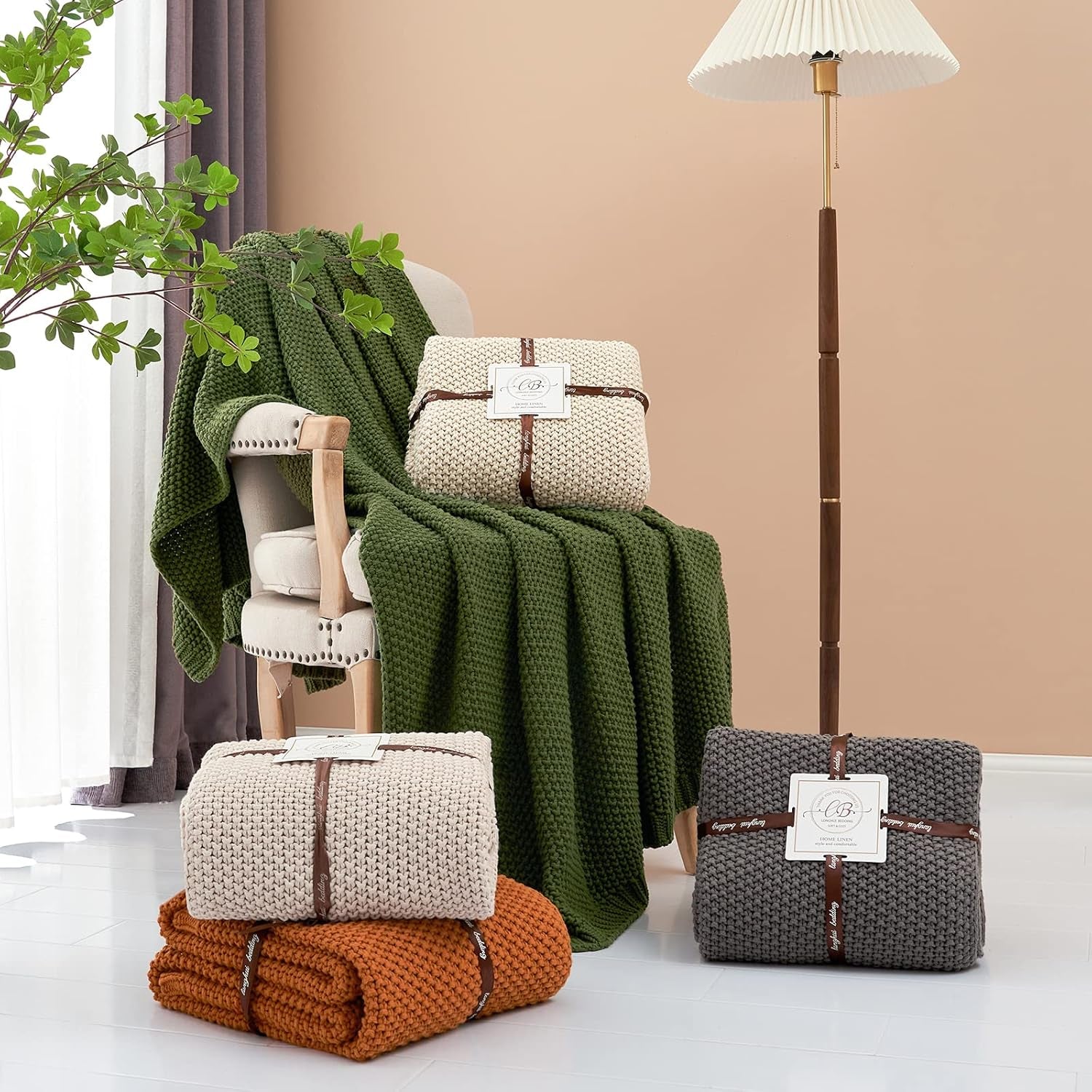 Couverture en gros tricot, Légère, Beige, 100% coton biologique, Couverture pour canapé, canapé, lit, enfant, chambre d'enfant, Rustique, Shabby chic, Ferme moderne, 152,4 X 203,2 cm, Sac à linge inclus Lits et couvertures Literie Longhui Gris 51"X63"