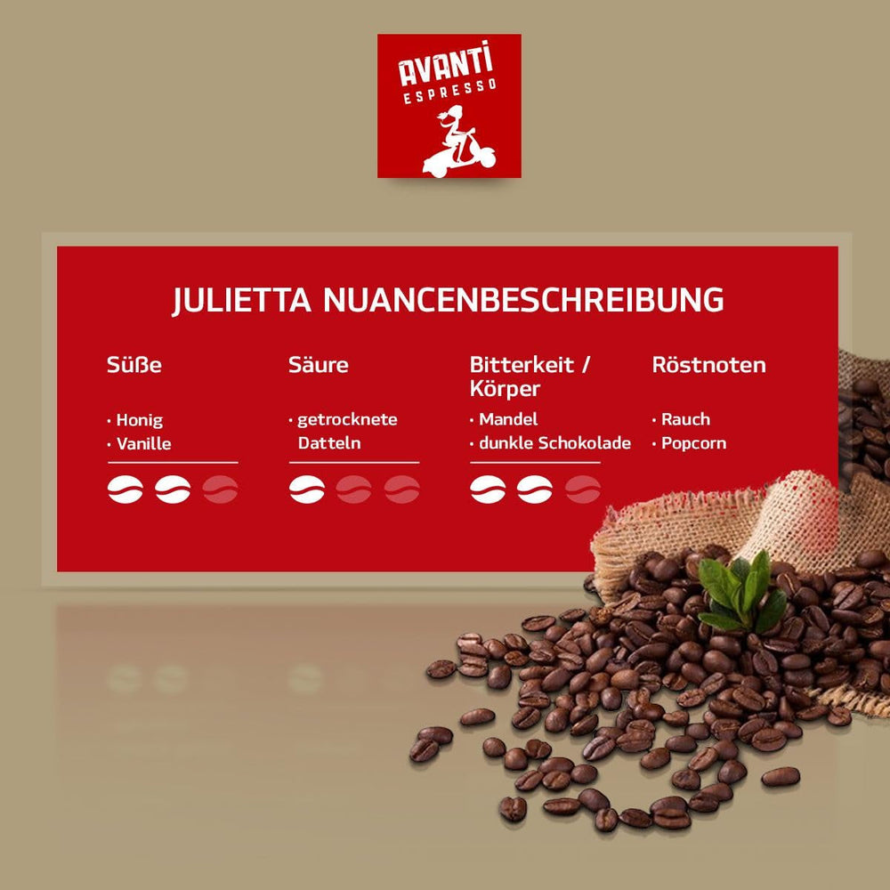 Café en grains AVANTI Julietta Espresso, 500g, 70% Arabica 30% Robusta, torréfaction traditionnelle au tambour