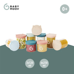 Babymoov ISY BOWLS boîtes à nourriture pour bébé en verre robuste et résistant à la température - pour conserver/congeler les aliments pour bébé, 6x 250ml + 3x 120ml Boîtes de conservation Naty Shop