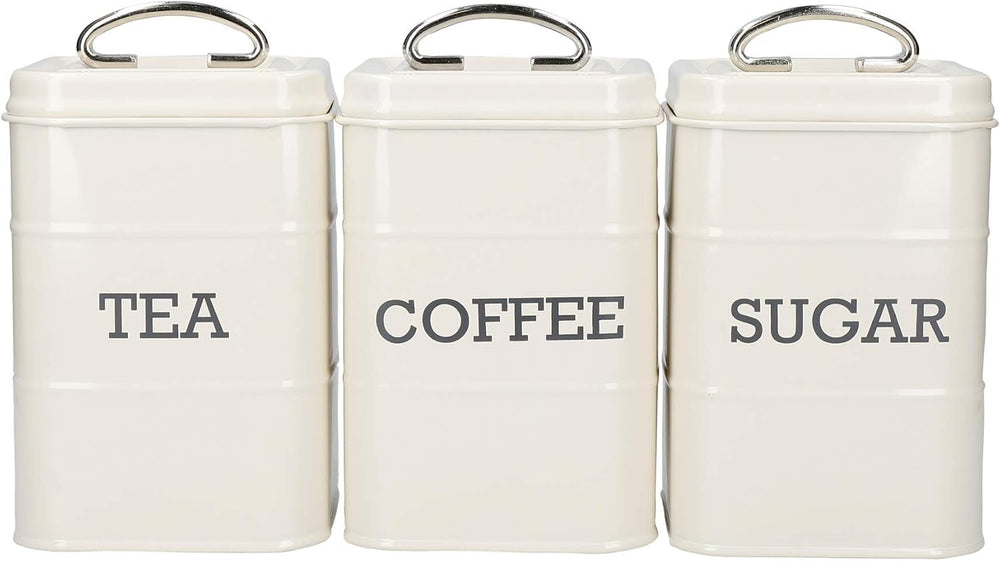 KitchenCraft Living Nostalgia Lot de 3 pots de conservation pour thé, sucre, café, boîte cadeau en acier crème antique 11 cm x 11 cm x 17 cm, bleu vintage, boîtes de conservation des aliments Naty Shop Vintage bleu