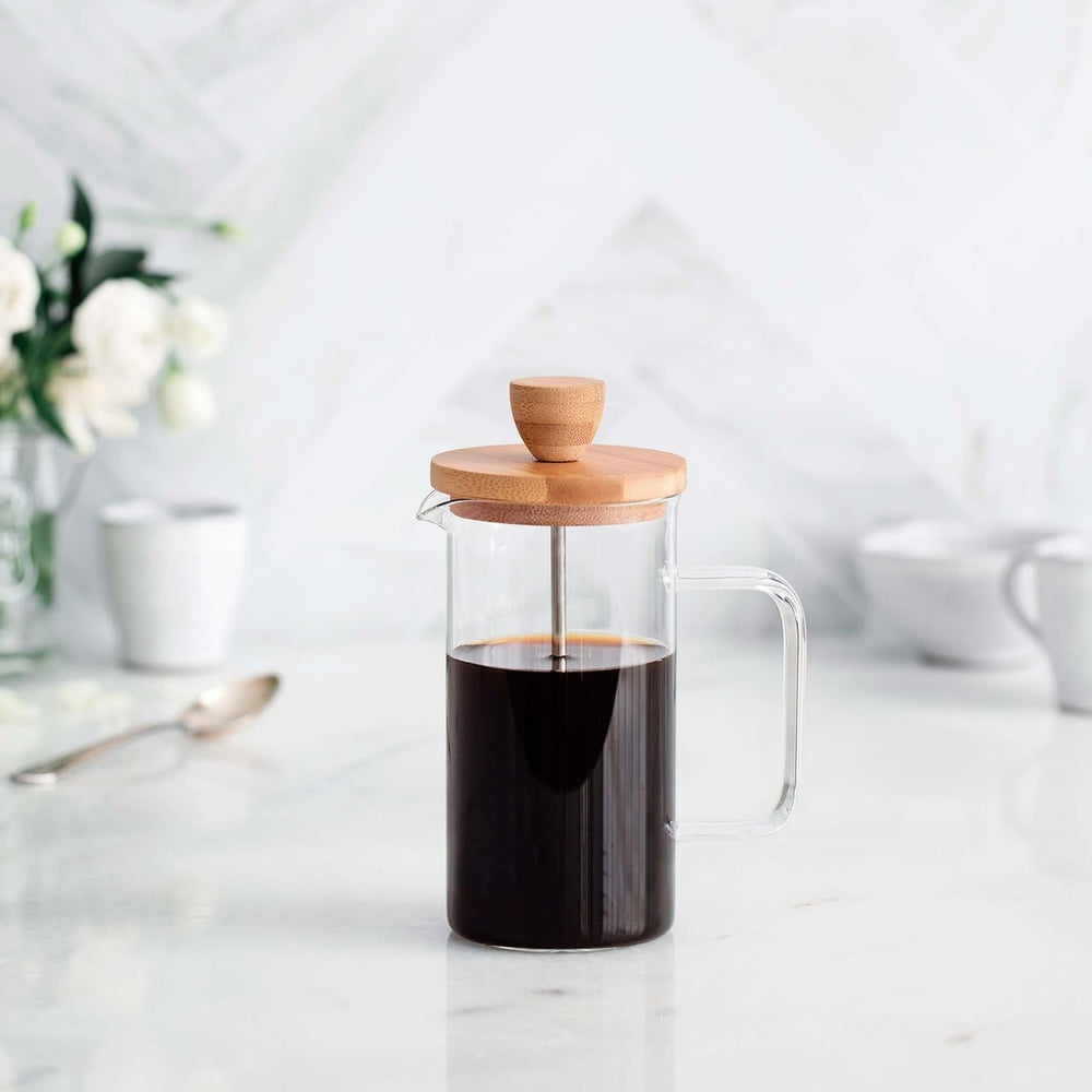 - Cafetière française, presse à café, cafetière à piston, cafetière filtre française, 3 tasses, 0,35 l, acier et bois