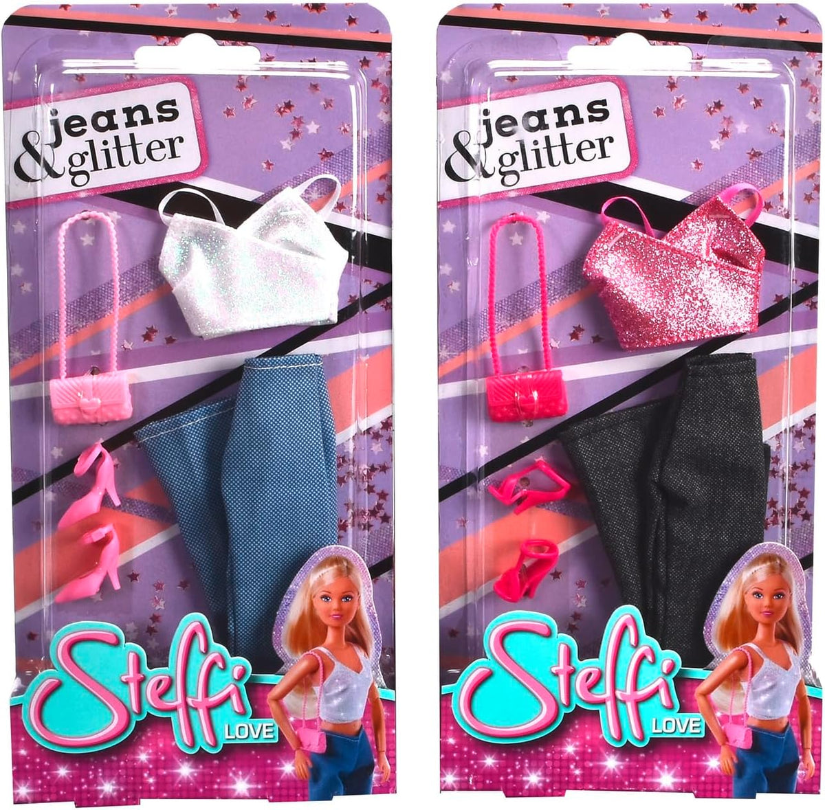 Simba Steffi Love Jeans & Glitter, 2-Fach Sortiert, est Wird nur EIN Artikel geliefert, Glittertop mit Jeans und Fashion Zubehör, for 29cm Ankleidepuppen, sans poupée, à partir de 3 ans