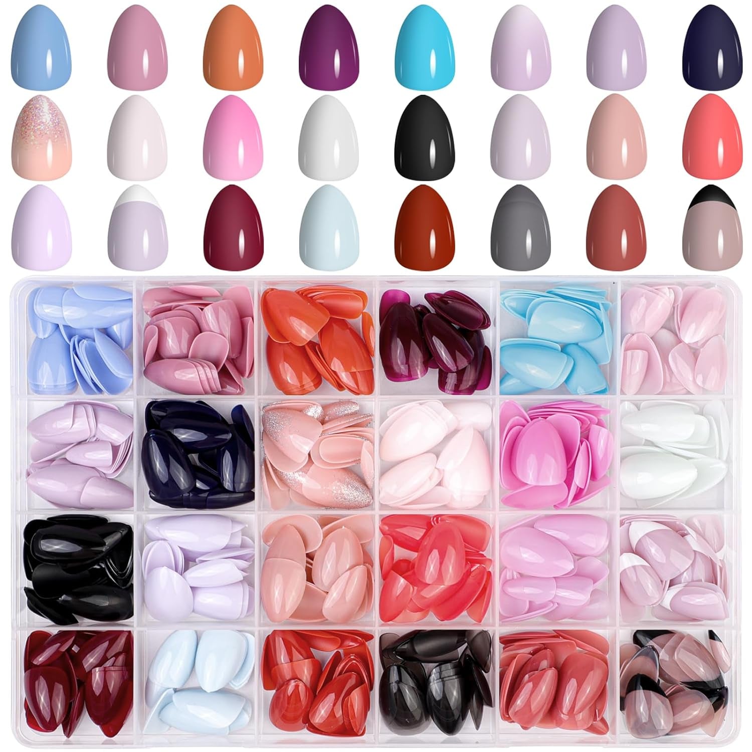 576 pièces ongles amande colle sur ongles courts paillettes colorées faux ongles ensemble faux ongles avec lime à ongles ongles ovales faux ongles pour les femmes