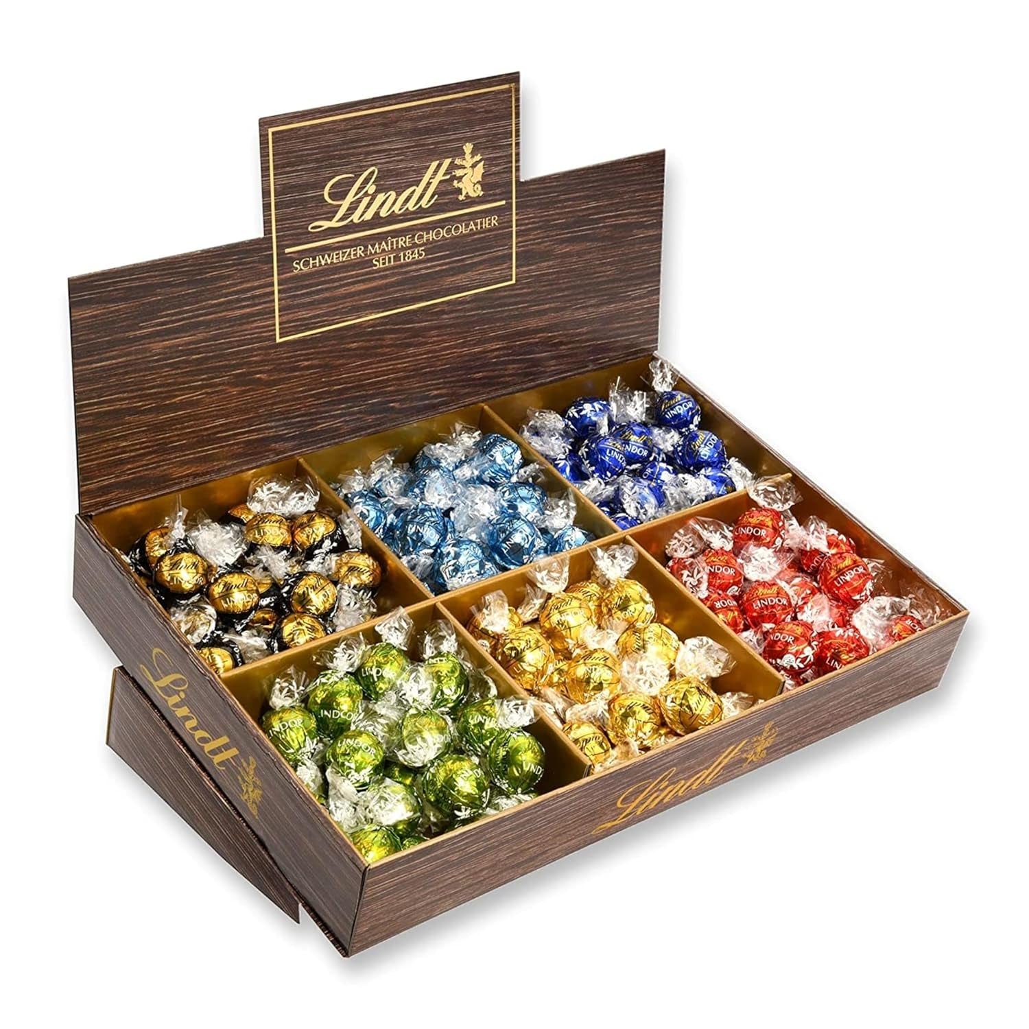 Lindt Chocolat LINDOR, Présentoir de comptoir | 1718 g | Env. 138 truffes dans les variétés Lait, Noire 70%, Demi-brune, Stracciatella, Blanche, Pistache | Coffret cadeau chocolat | Chocolat cadeau | Paquet en vrac