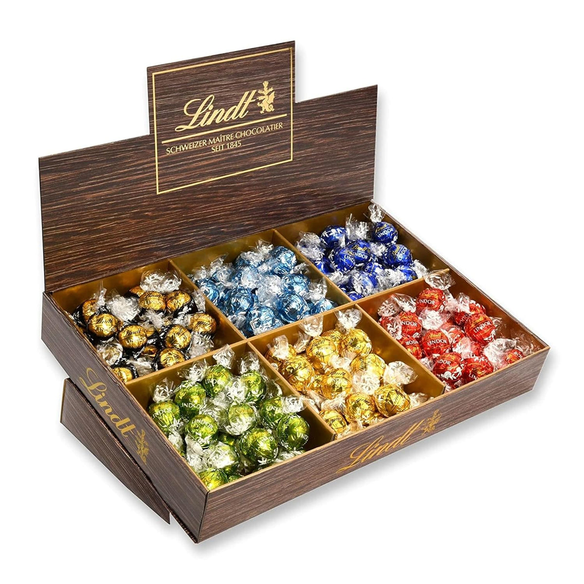 Lindt Chocolat LINDOR, Présentoir de comptoir | 1718 g | Env. 138 truffes dans les variétés Lait, Noire 70%, Demi-brune, Stracciatella, Blanche, Pistache | Coffret cadeau chocolat | Chocolat cadeau | Paquet en vrac