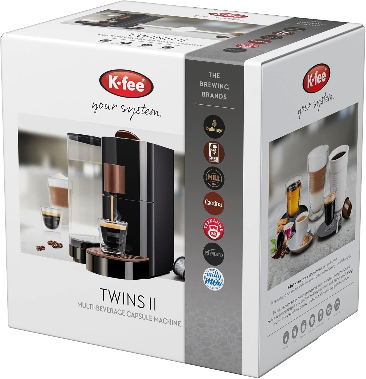 Machine à expresso à capsules K-FEE TWINS II pour café, thé et cacao | Machine à expresso pour grandes tasses | Chauffage rapide | Réservoir d'eau de 2,3 l | 19 barres | Cuivre noir