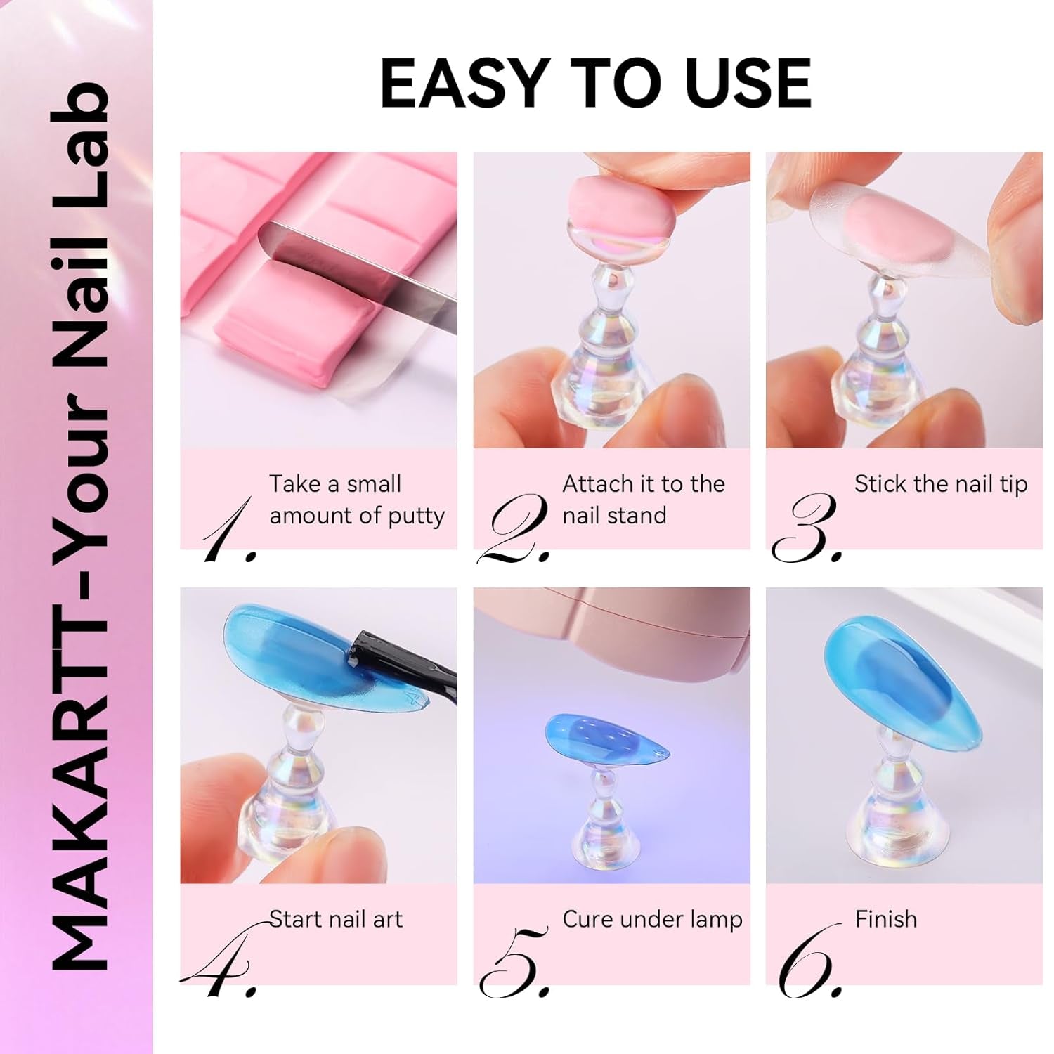 Makartt Porte-ongles en acrylique, Porte-ongles magnétique, Porte-ongles, Porte-ongles rose transparent avec 48 mastics adhésifs