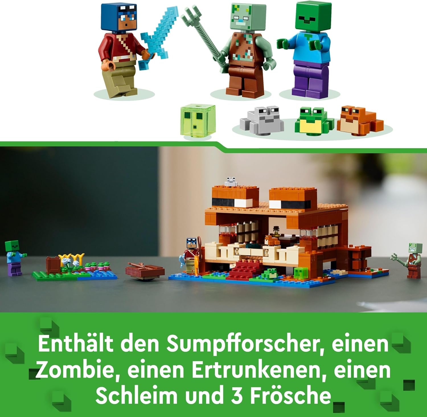 LEGO Minecraft The Frog House, maison de jouets avec figurines dont zombie, slime et noyé, ainsi que des accessoires tels qu'un bateau jouet et un établi, cadeau pour garçons et filles à partir de 8 ans 21256 Jeux de construction Besuche den LEGO-Store