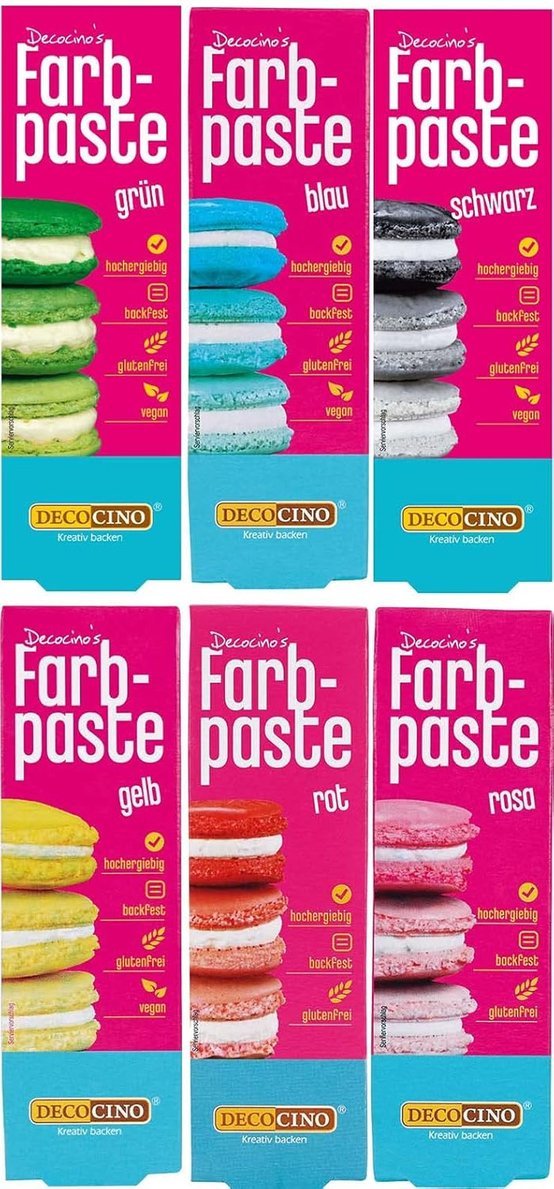 Lot de 6 pâtes colorantes Decocino - 6 x 20 g - Colorant alimentaire rouge, rose, vert, jaune, bleu et noir, idéal pour colorer gâteaux, fondants et crèmes - Sans azoïques et sans gluten