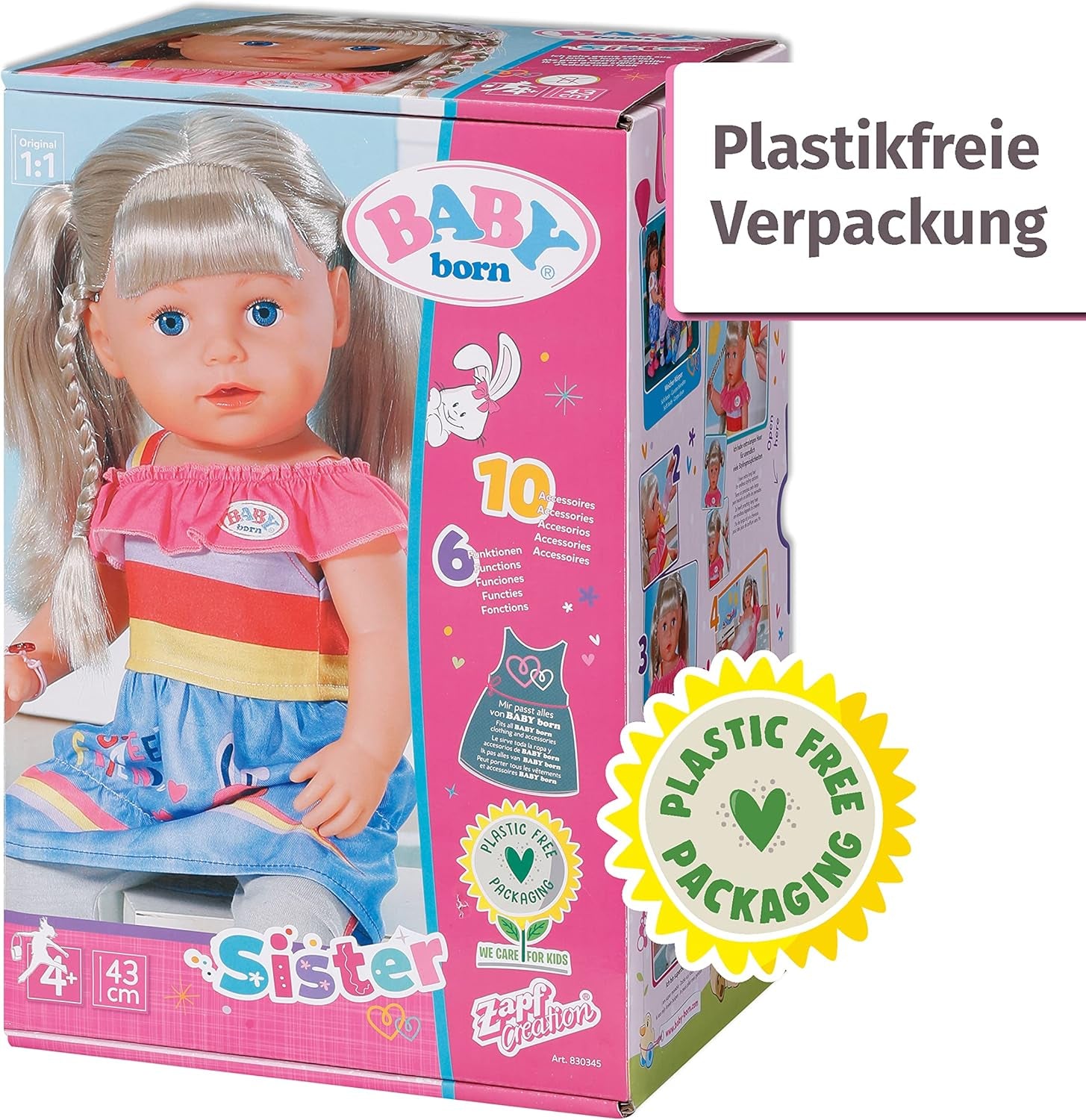 BABY Born Sister blond 43cm, Puppe mit Haaren und 6 Funktionen für Kinder ab 4 Jahren, funktioniert ohne Batterie, 830345 Zapf Creation