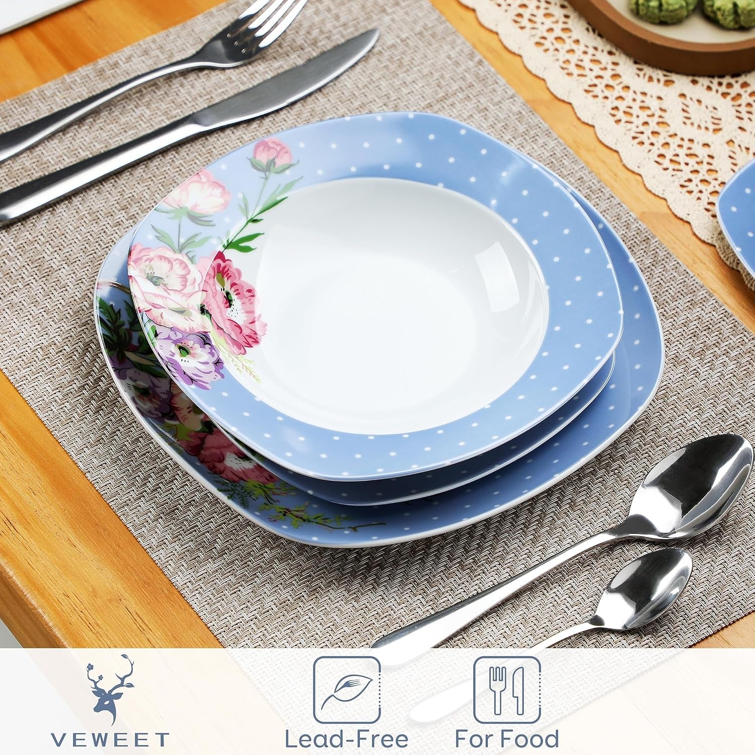 VEWEET Service de table combiné en porcelaine, 30 pièces pour 4 à 12 personnes, série Hannah, assiettes plates, assiettes à dessert, assiettes creuses, tasses à café et soucoupes