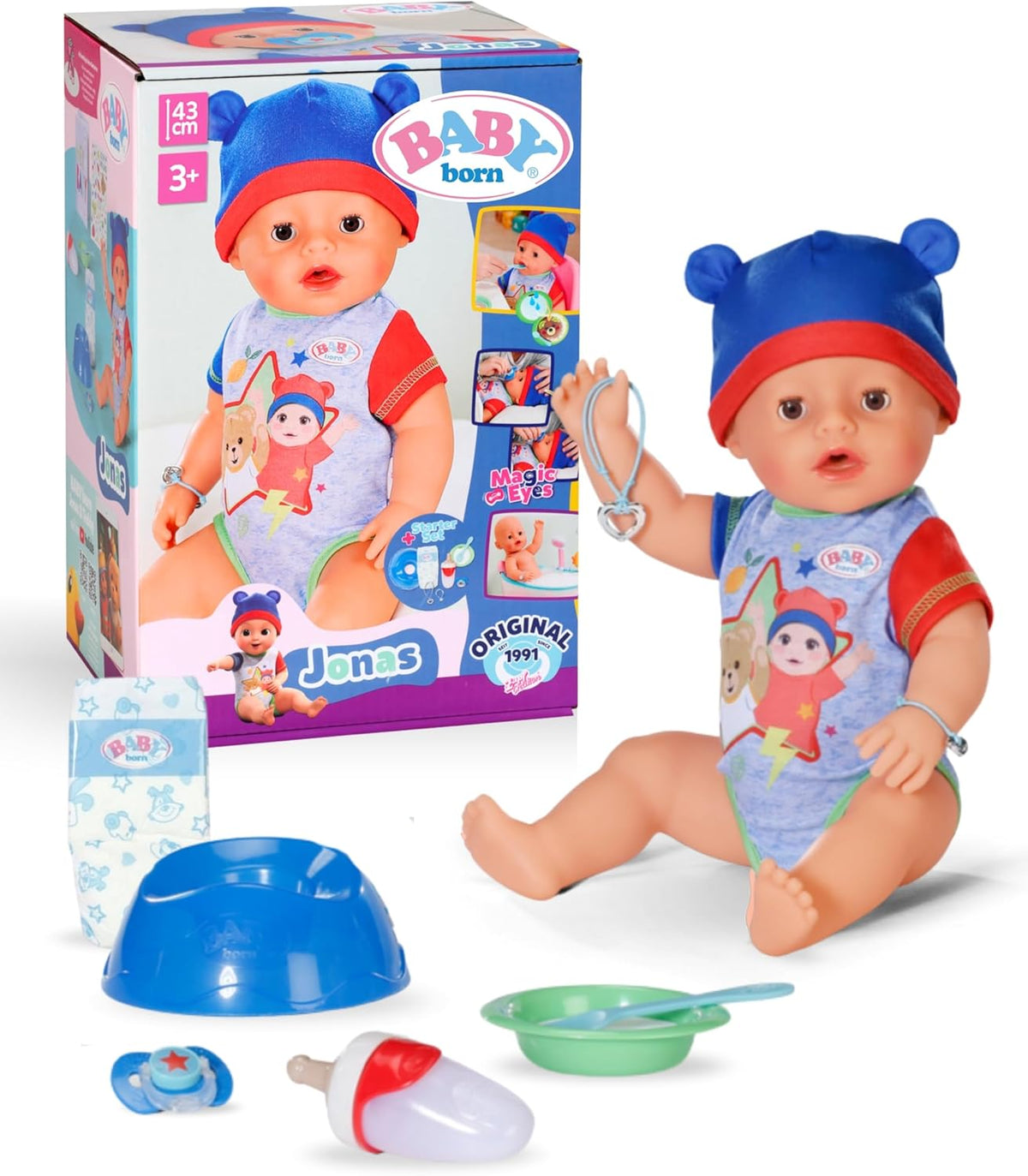 BABY Born Jonas - poupée 43 cm - 10 fonctions dont accessoires et matelas - Fonctionne entièrement sans piles - Convient aux enfants à partir de 3 ans