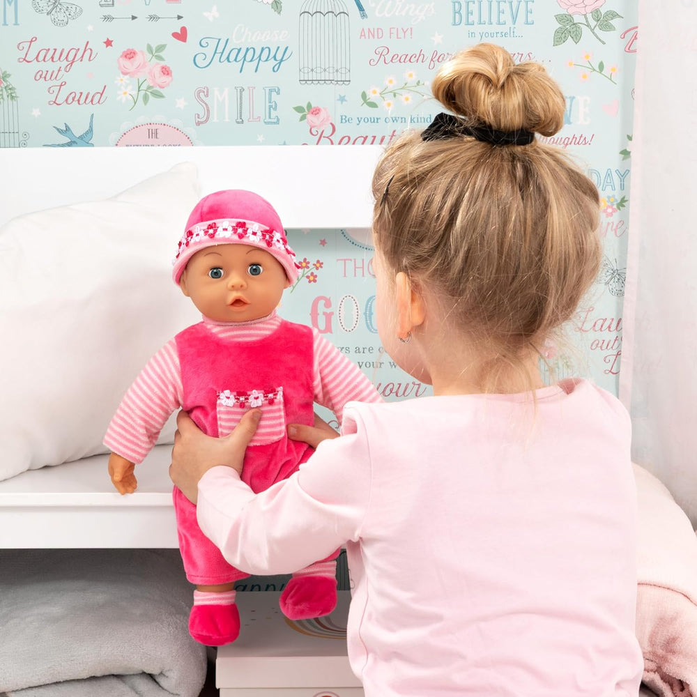 Bayer Design 93800-pink 93825AA Babypuppe First Words, Schlafaugen, spricht 24 Babylaute, weicher Körper, mit Schnuller und Flasche, 38 cm, rose
