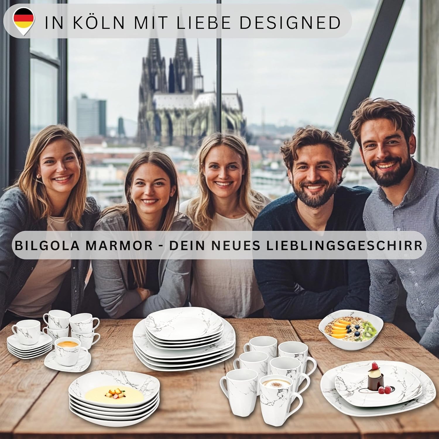 SANGER | Service de table combiné en marbre Bilgola, service de table 36 pièces pour 6 personnes avec assiettes plates, assiettes à dessert, assiettes Suma, bols à céréales, assiettes à café et soucoupes en porcelaine, carré | LA COLLECTION PREMIUM