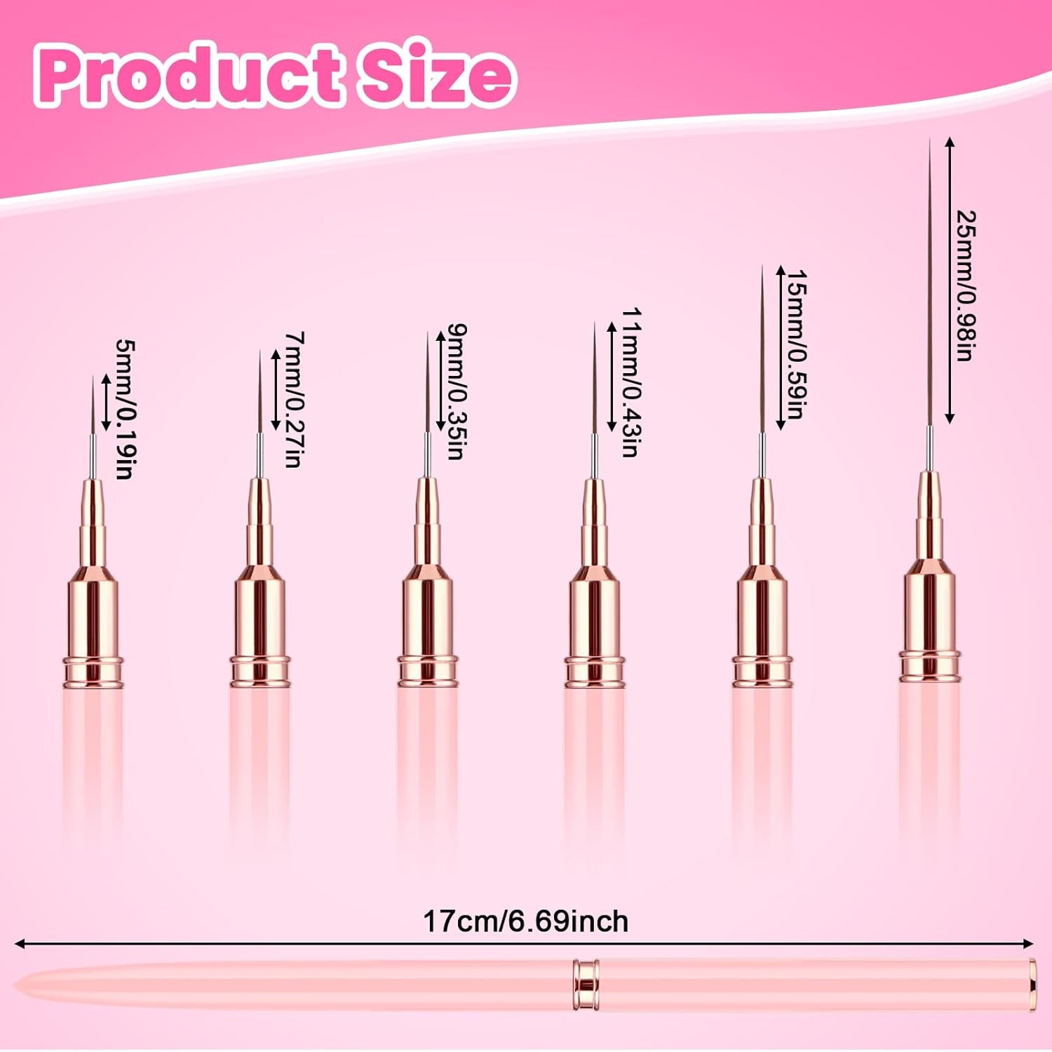 6 pièces Liner Nailart Pinsel Nageldesign Pinsel Set Dünn Acryl Nagelpunkt-Zeichenwerkzeug Nägel Dünne Nagelpinsel Set pour Lange Linien, Dünne Détails, Fines Zichnen 5/7/9/11/15/25 Mm (Rose)