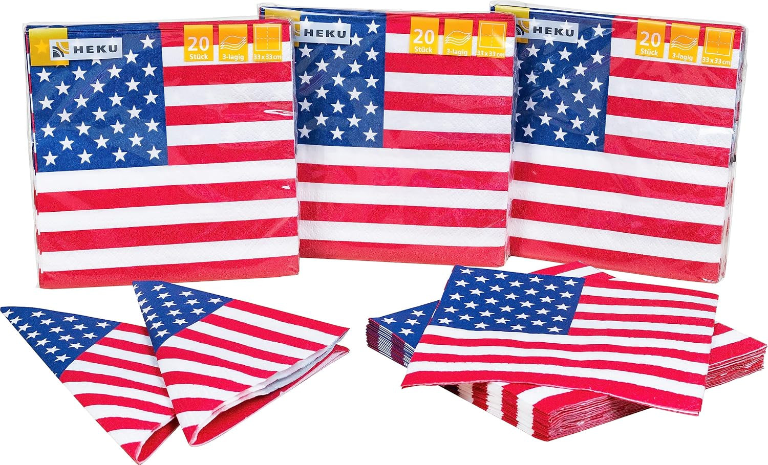 HEKU 191 pièces. USA Party Set I Assiettes en Carton Ø23Cm, Gobelets Rouges, Serviettes 3 Épais 33X33Cm, Sélecteur de Décoration, Chaîne Fanion 10M I Parfait pour les soirées à thème et les fêtes nationales
