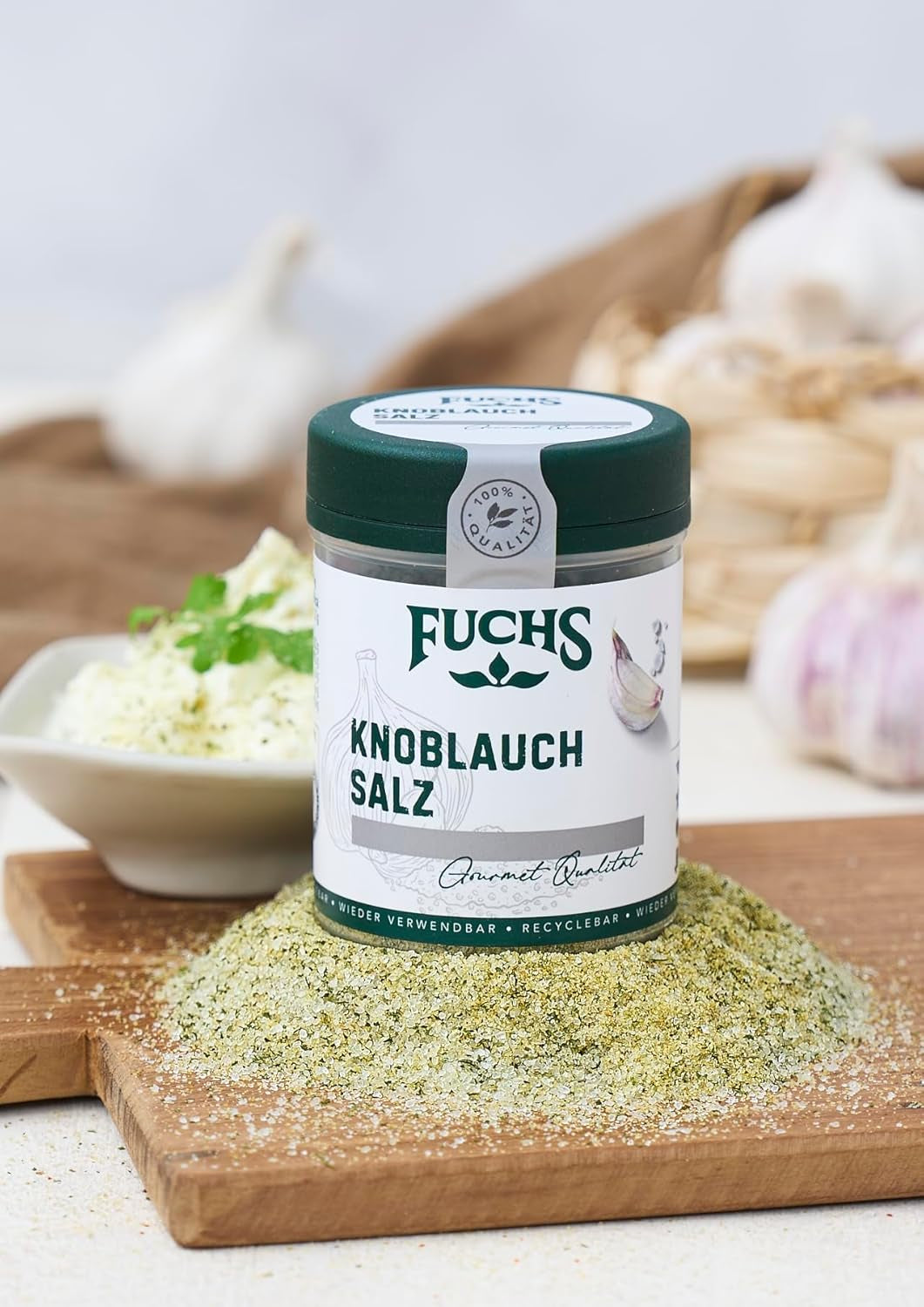 Fuchs Gewürze - Knoblauchsalz - Gewürzsalz für Dips, Saucen und Gemüse - ingrédients naturels - 90 g en dose variable, recyclable