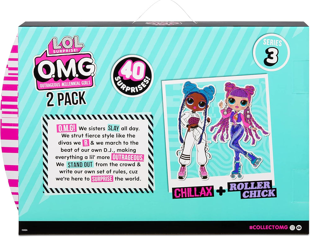 LOL Surprise OMG Fashion Doll 2er-Pack ROLLER CHICK & CHILLAX - Exklusive Puppen mit 40 Überraschungen inkl. Outfits und Accessoires - 2-in-1 Verpackungs-Spielset - Serie 3 - Für Kinder ab 4 Jahren