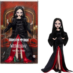 Monster High x Wednesday Puppe, Morticia Addams Sammelfigur im schwarz-purpurrotem Samtkleid mit Schmuck, von der Serie inspirierte Heels und Puppenständer, JLK99