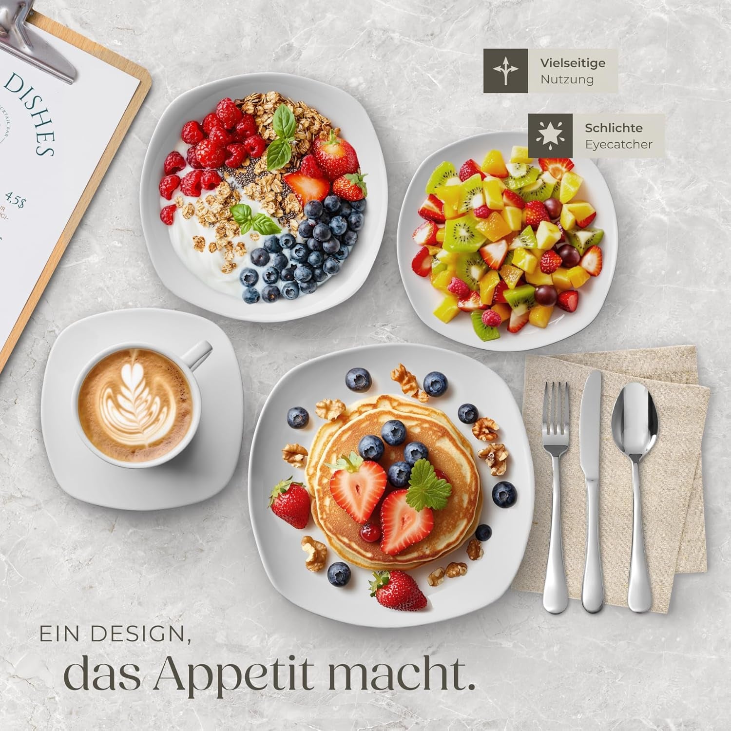 Service de table tectake® pour 12 personnes, service de table en porcelaine de 100 pièces, comprenant 12 assiettes, 12 assiettes à dessert, 12 assiettes plates, 12 tasses, 12 bols à céréales, un saladier, un pot à lait, un sucrier