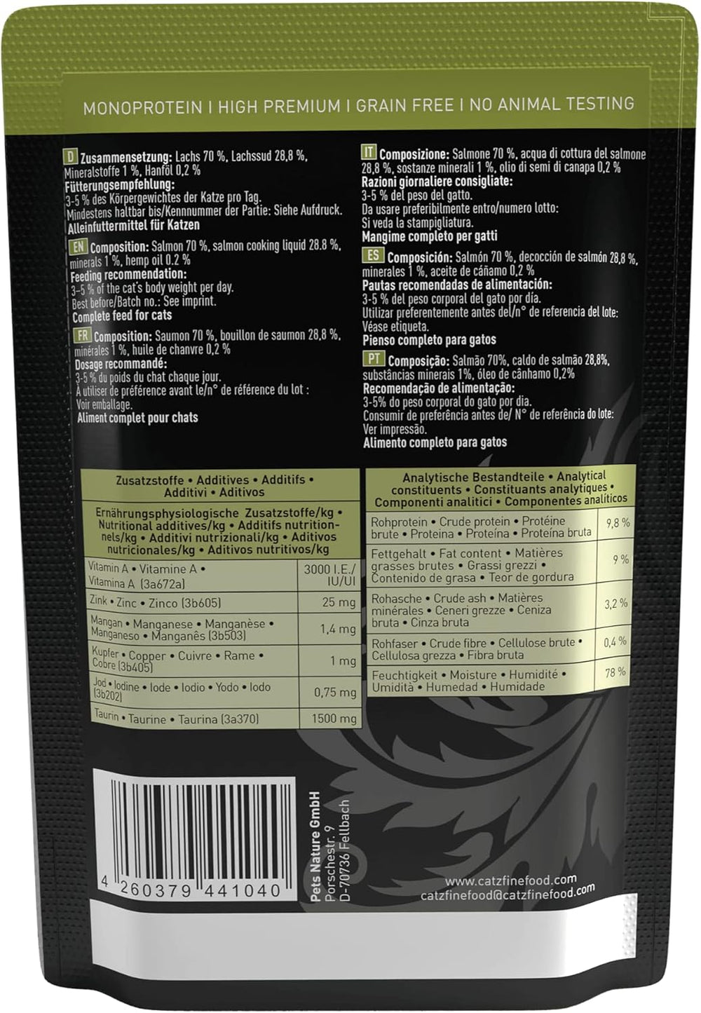 Nourriture humide pour chats Catz Finefood Purrrr avec monoprotéine et saumon no. 105, pour chats à digestion sensible, 16 x 80 g