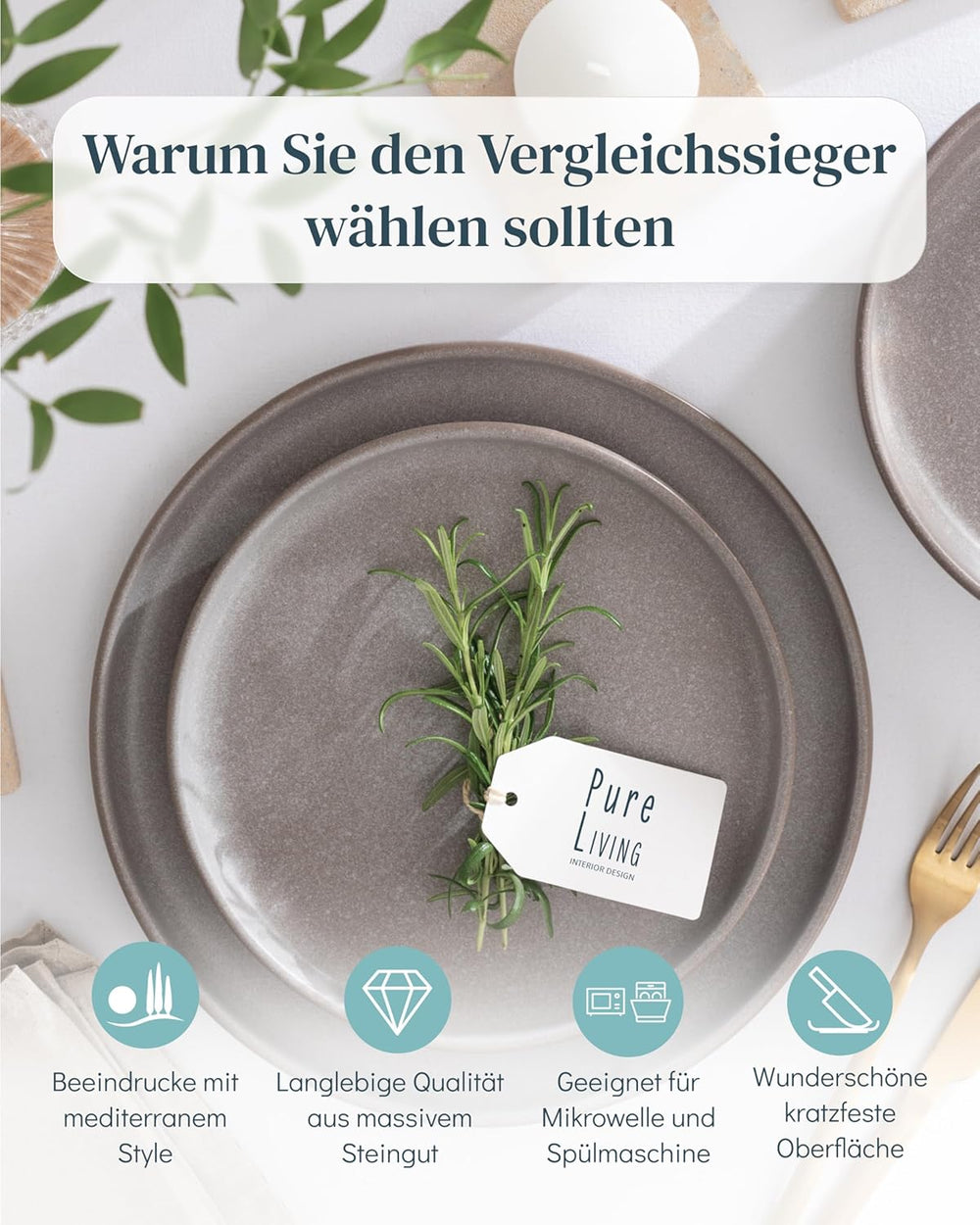 Service de table en grès pour 12 personnes, 36 pièces, style urbain, haute qualité, TRÈS BON TEST, service de table en grès - service de bols et d'assiettes - service de table pour 12 personnes, services de table Pure Living en gris-marron mat