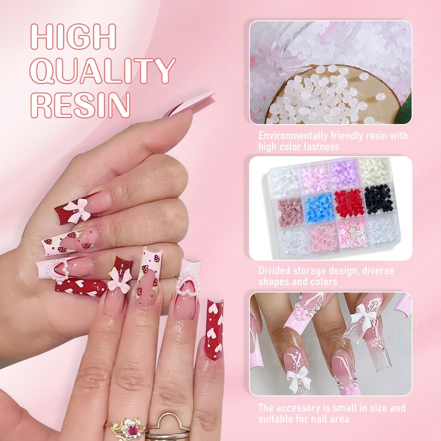 Decorațiuni 3D pentru unghii, 1 cutie de brelocuri pentru unghii, brelocuri pentru unghii cu fundă în formă de inimă și flori în stil mixt, decorațiuni pentru unghii din rășină, pentru decorațiuni Nail Art, accesorii DIY pentru artizanat