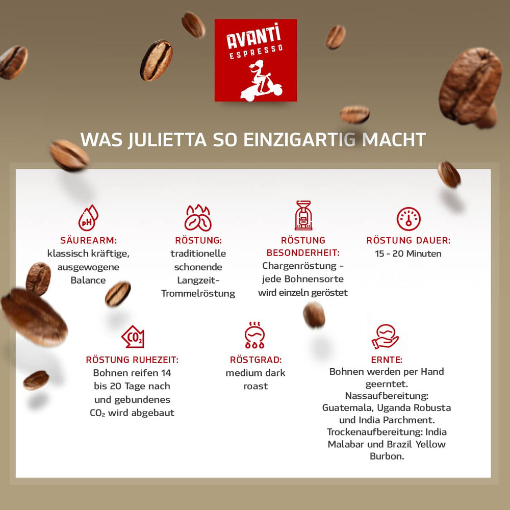 Grains Avanti Espresso Julietta, 1 paquet (1 x 1 kg) | Café expresso en grains 1 kg, forte et faible acidité | Torréfaction fine au tambour avec grains d'espresso Arabica et Robusta