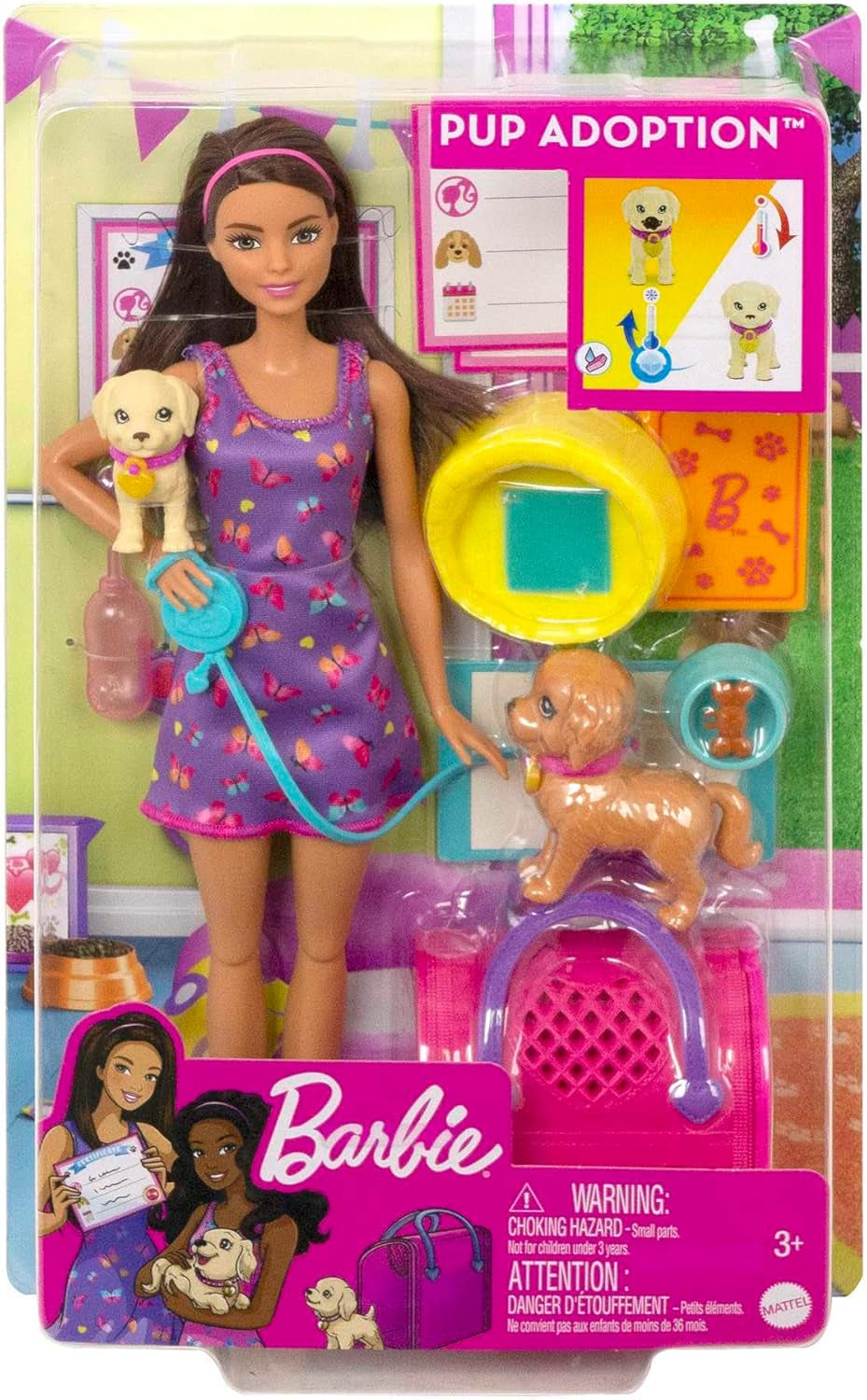 Adoption Barbie Puppy - Poupée et 2 chiots, avec certificats d'adoption, effet changement de couleur, cage et accessoires, pour enfants à partir de 3 ans, HKD 86