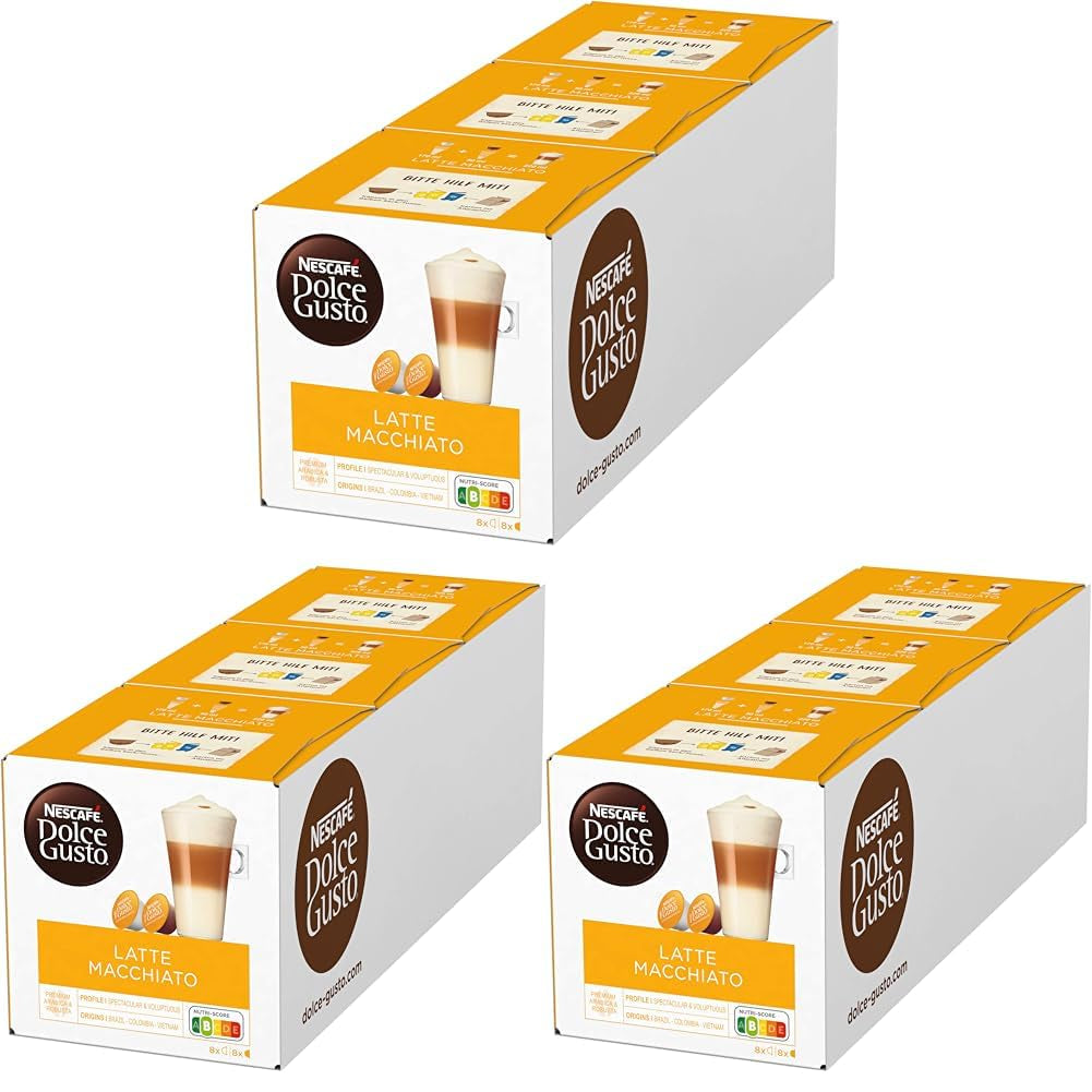 NESCAFÉ Dolce Gusto Latte Macchiato, 48 capsules de café, espresso aromatique, 3 étapes - Köstlichkeit aus feinem Milchschaum, capsules de gel aromatique, paquet de 9 (3x16 capsules)