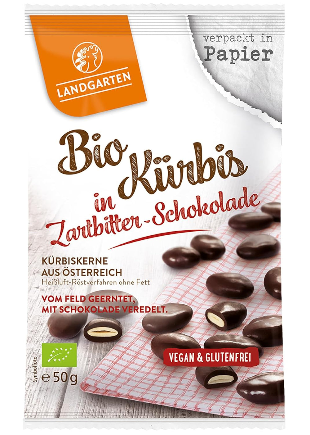Landgarten Graines de citrouille biologiques au chocolat noir – Snack végétalien au chocolat aux graines de citrouille rôties – Source de magnésium – 1 x 50 g