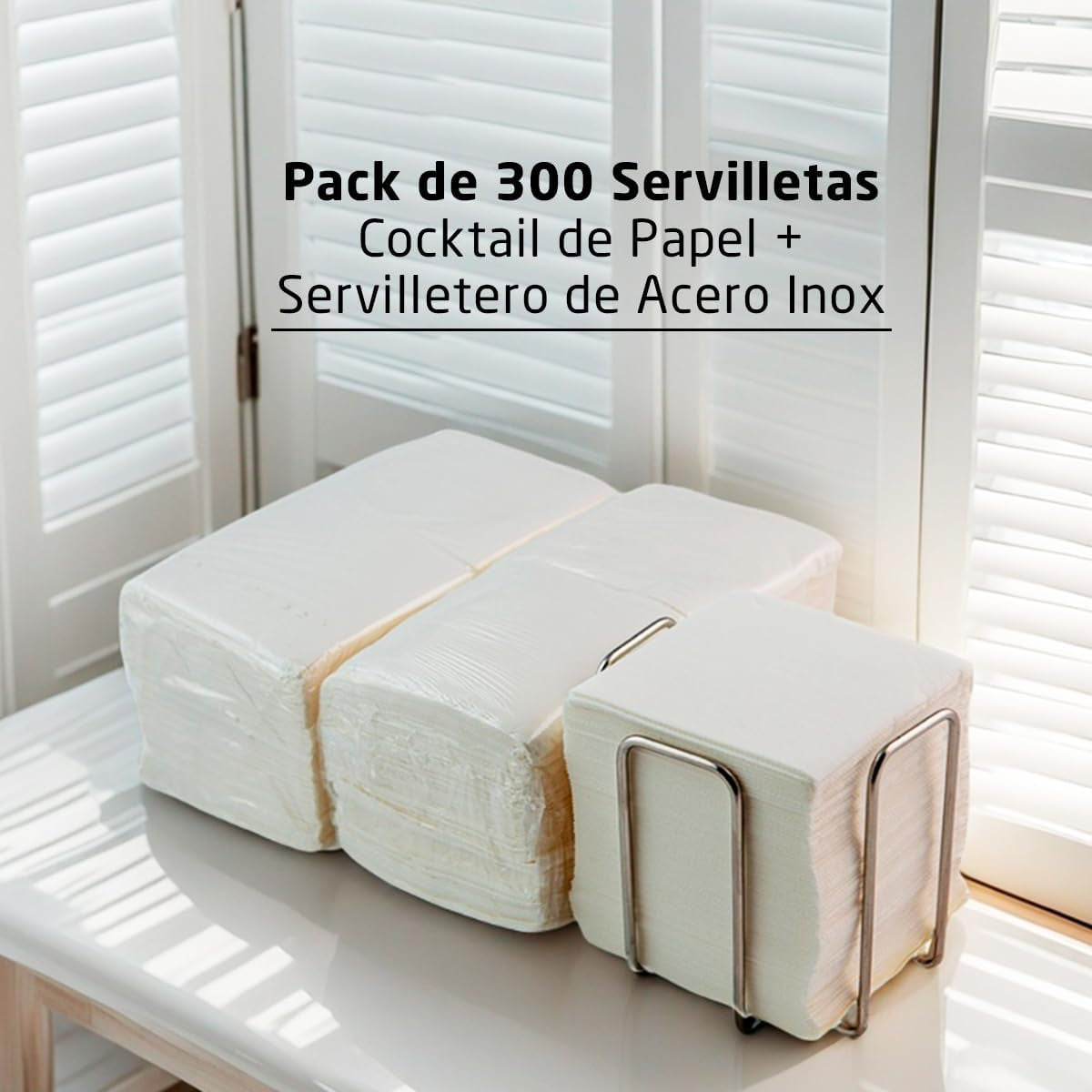 Paquet de 300 serviettes en papier cocktail blanches + porte-serviettes en acier inoxydable Texture micro-points absorbant épais 10 x 10 cm pliés ensemble