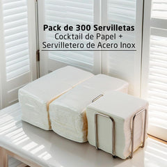 Paquet de 300 serviettes en papier cocktail blanches + porte-serviettes en acier inoxydable Texture micro-points absorbant épais 10 x 10 cm pliés ensemble