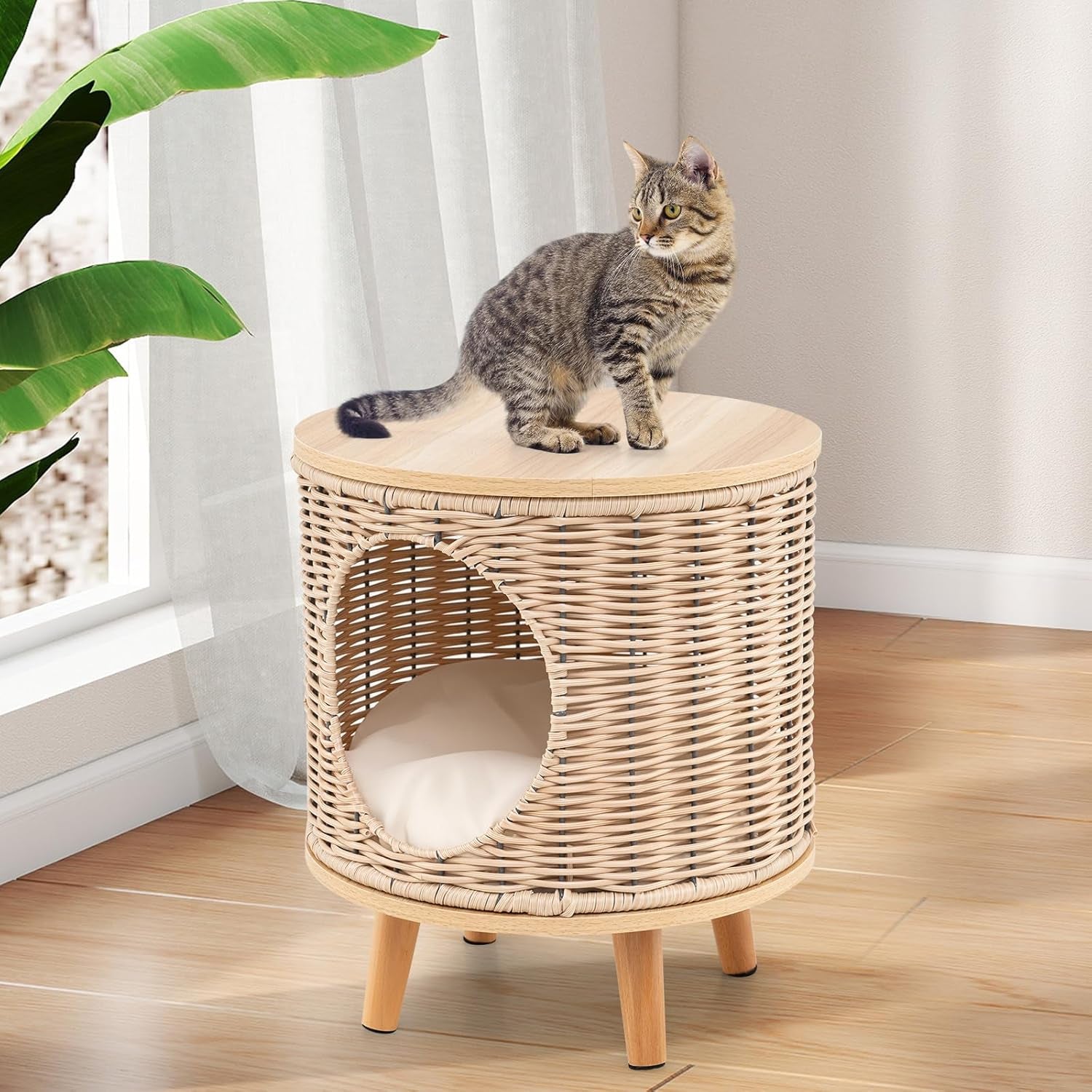 Katzenhaus Rattan, Katzenmöbel mit Holzbeinen & soft Kissen, 3 in 1 Katzenhöhle Fußhocker Nachttisch, Katzenbett stabil bis 30 kg für Wohnzimmer Schlafzimmer