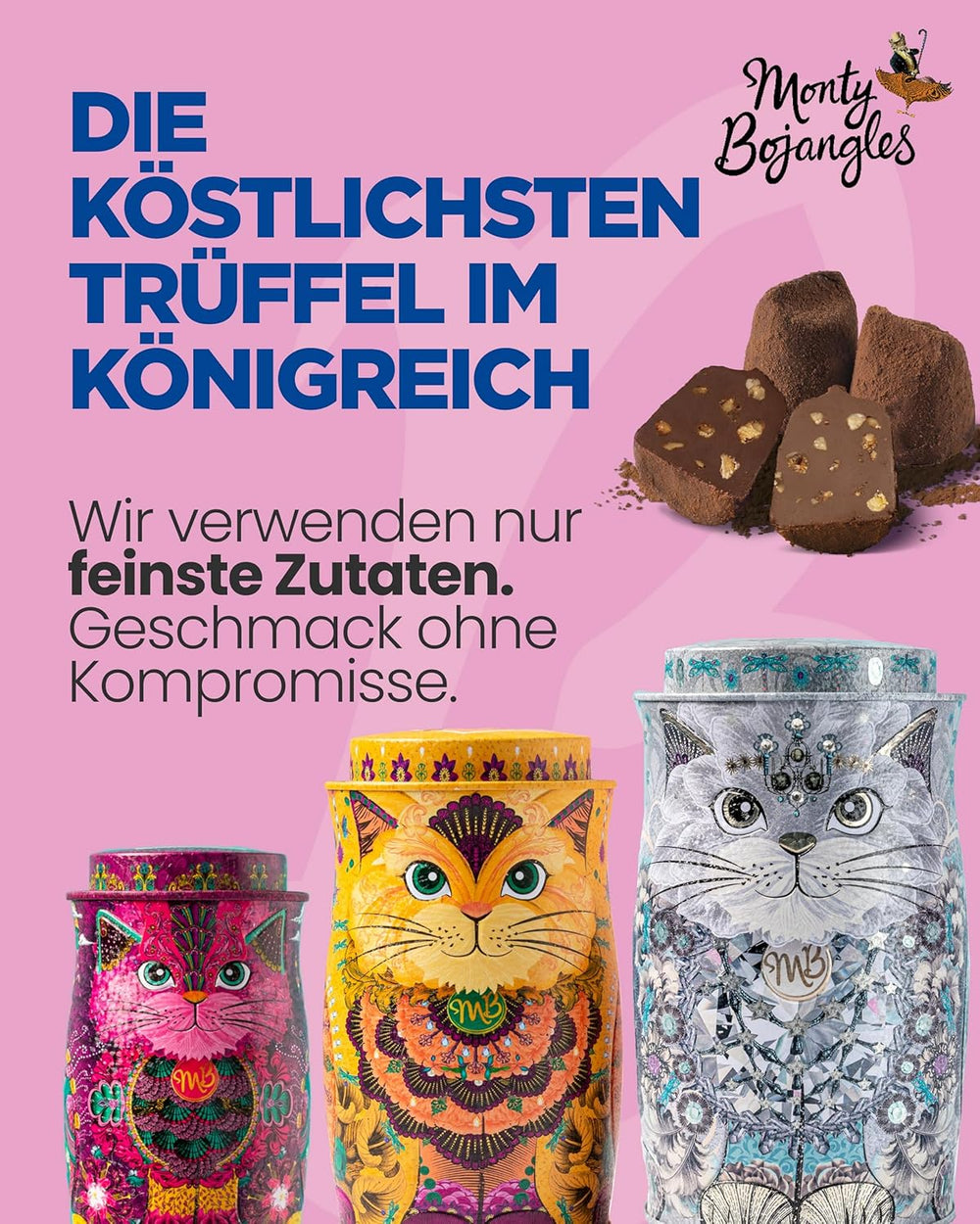 Monty Bojangles Savanna Gold Truffes au chocolat (135 g) Coffret cadeau praliné en poudre de cacao dans une boîte collector individuelle au design de chat Flutter Scotch Flavor