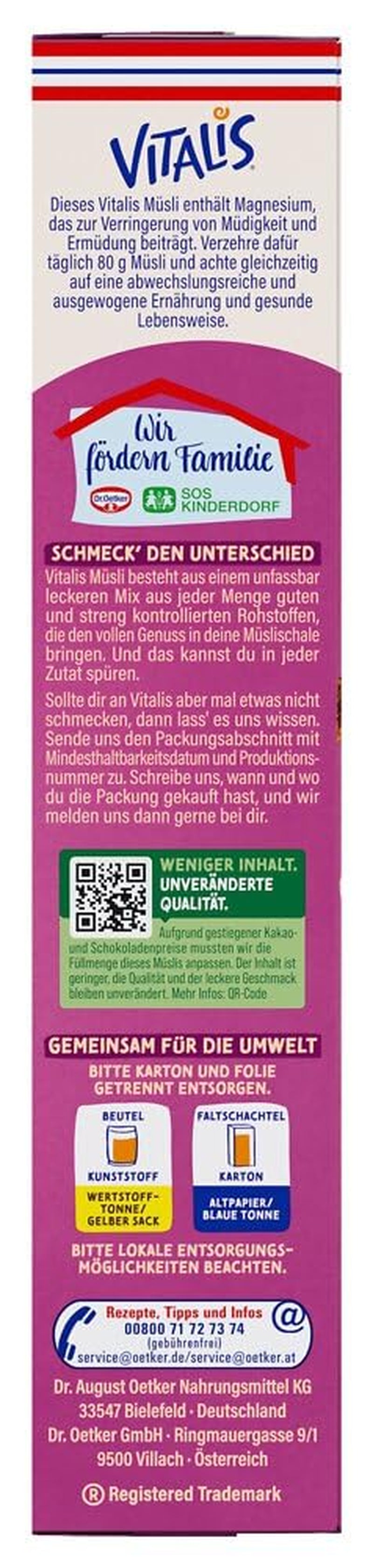 Dr. Oetker Vitalis Muesli au chocolat noir : Muesli de petit-déjeuner au chocolat noir, paquet de 6 (6 x 600 g)