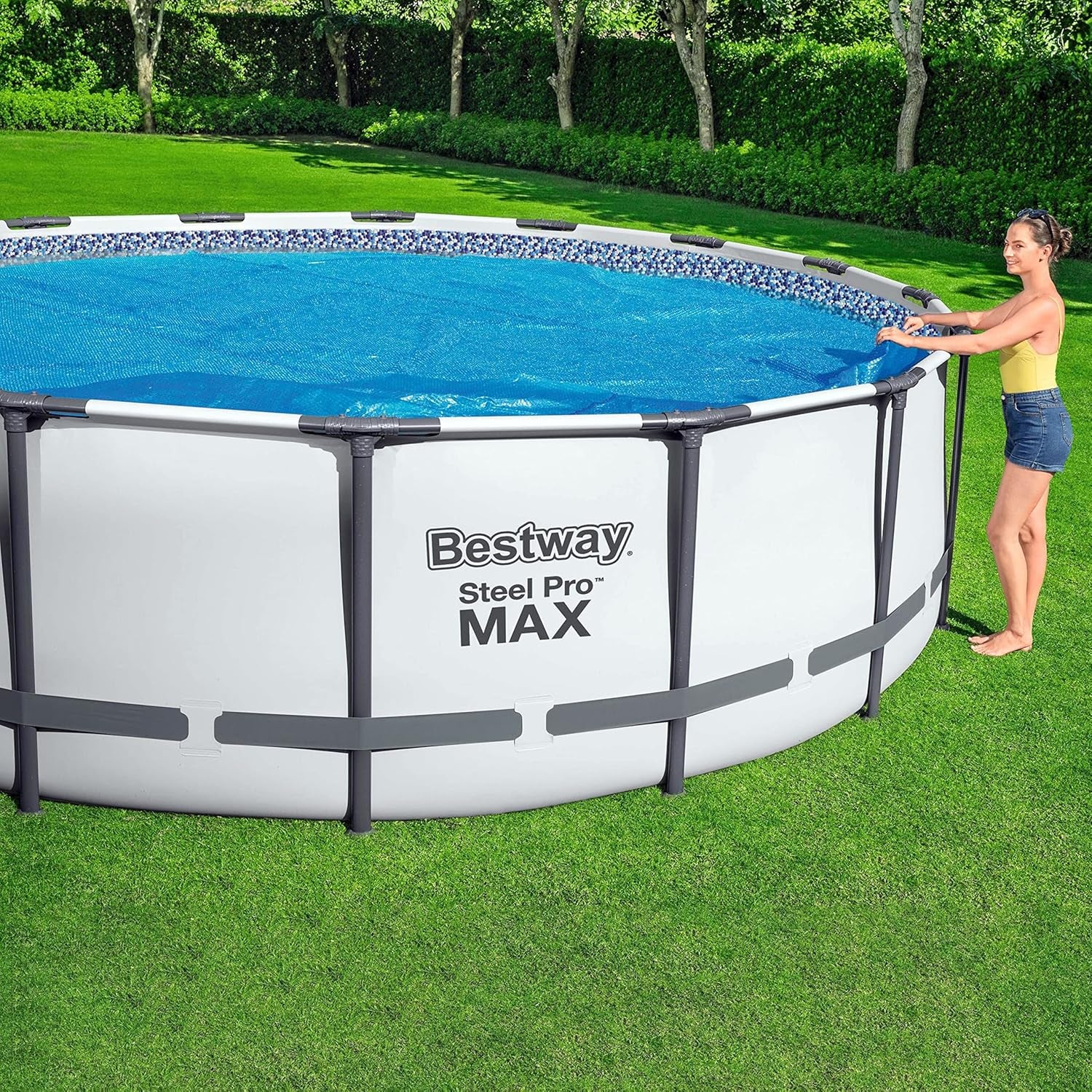 Bestway Flowclear Couverture Solaire pour Piscine, Ø 356 cm, pour Piscines Hors Sol Rondes de 366 cm et 396 cm, Bleu, 58242