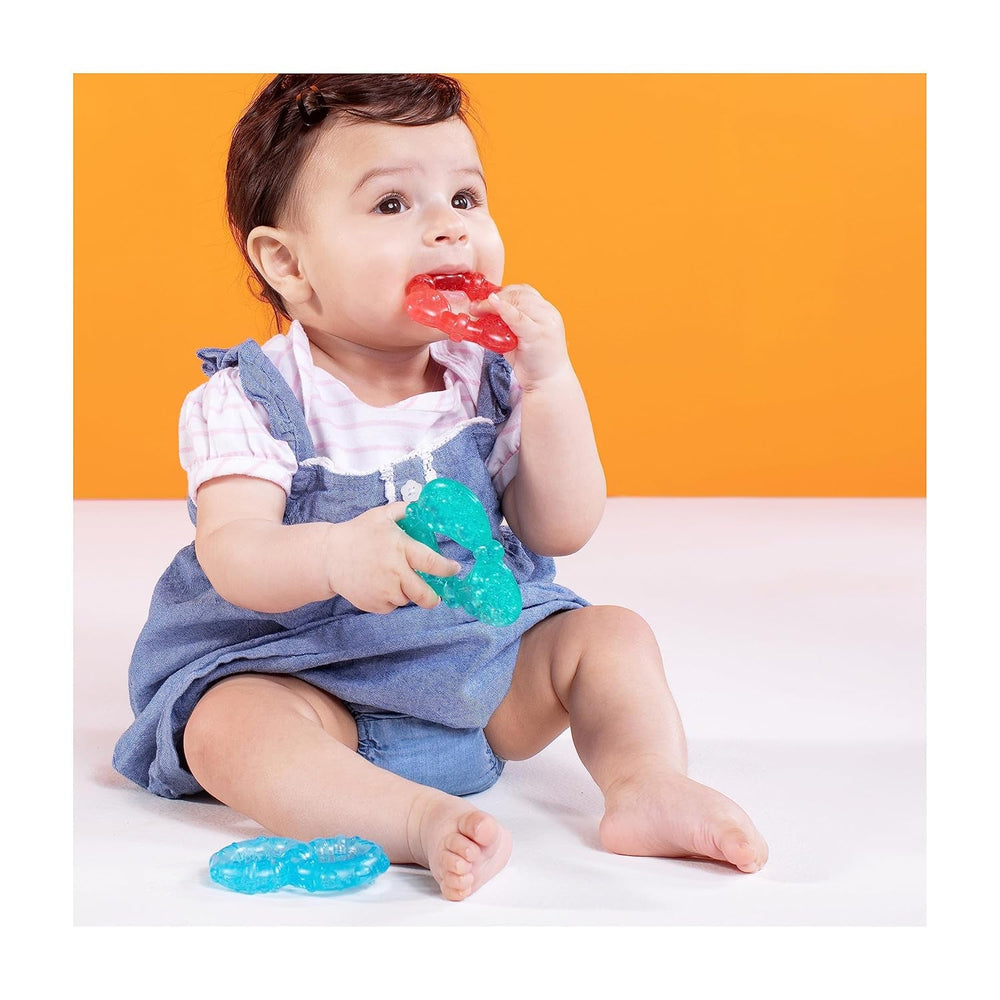 Bright Starts Stay Cool Anneaux de dentition plus frais Turquoise/Bleu/Rouge Facile à tenir Technologie de refroidissement longue durée Silicone Sans BPA