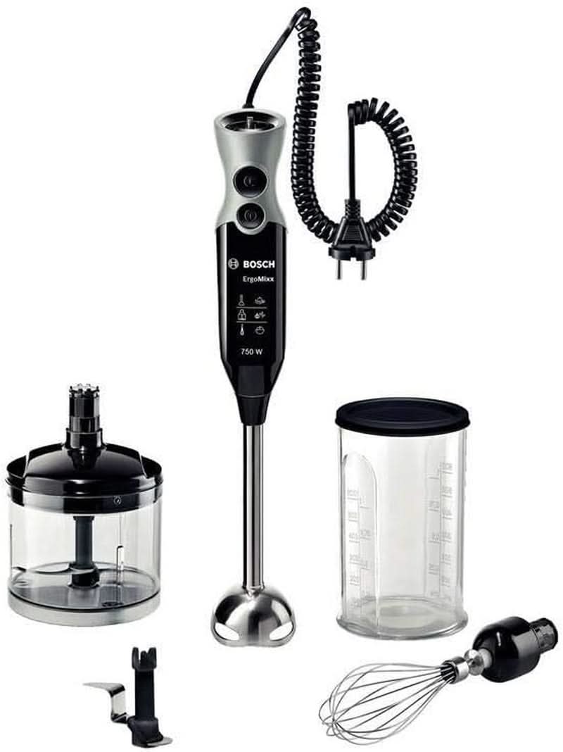 Bosch Stabmixer Ergomixx MSM67170, Edelstahl-Mixfuß, Universalzerkleinerer, Mix- Und Messbecher, Schneebesen, Ice-Crush-Klinge, Leichtes Gehäuse, 12 Stufen plus Turbostufe, 750 W, Noir/Grau Kitchen Naty Shop