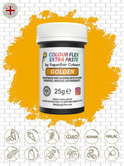 Pastă colorantă alimentară Sugarflair Colourflex Extra Paste Golden - Colorant alimentar comestibil pentru cremă de unt, ciocolată, pastă de zahăr, glazură, fondant, mixuri pentru prăjituri, aluat și multe altele - 25g