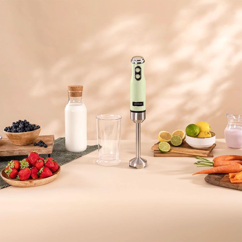 Cecotec Stabmixer Power Retrogreen 1200MAX Cream&Crush, Maximalleistung 1200 W, Technologie Crossblades, 2 vitesses, Zubehörset Spülmaschinenfest, Spritzschutzhaube Kitchen Naty Shop