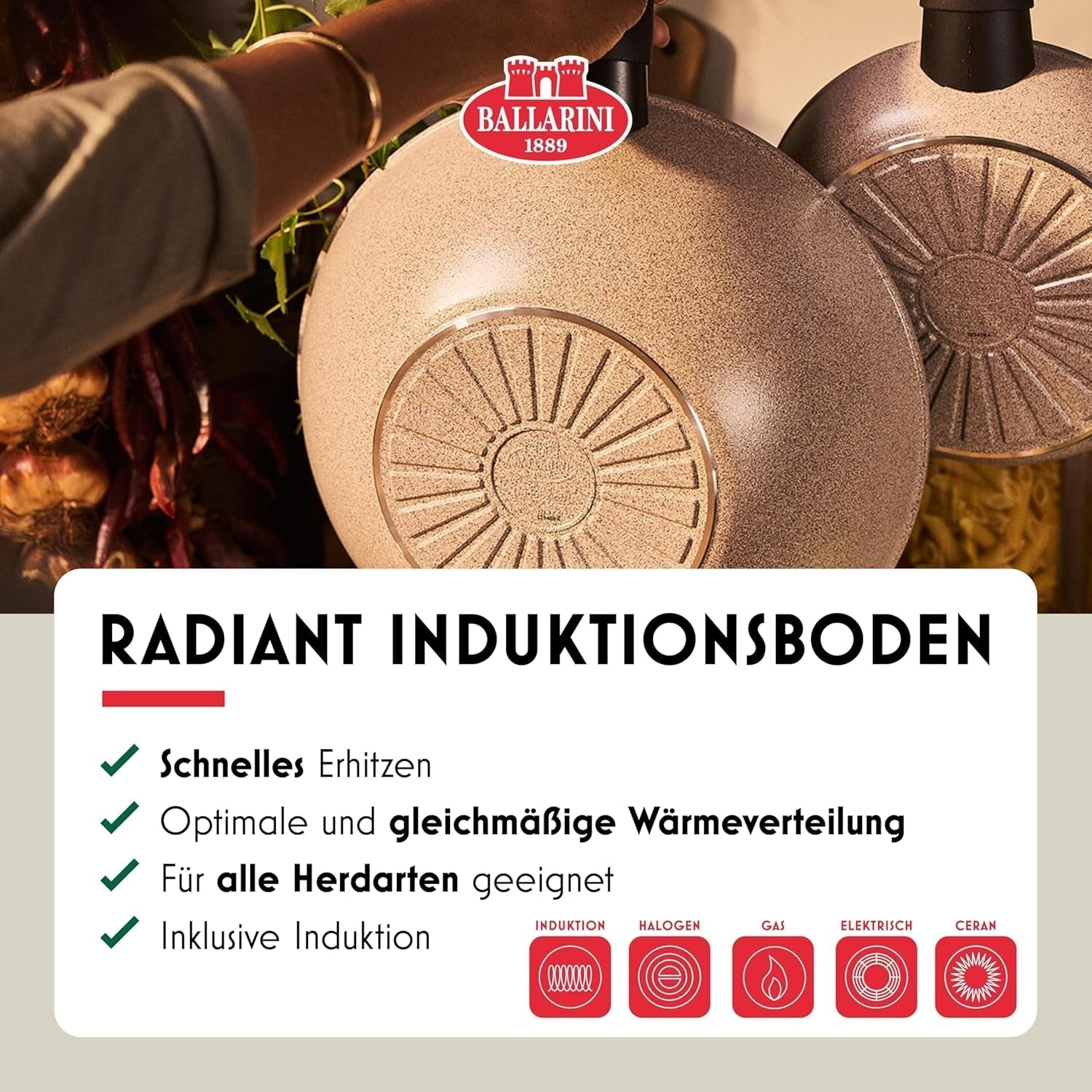 Poêle Ledro, 24 cm, aluminium, compatible induction, revêtement céramique antiadhésif, Thermopoint, Made in Italy, beige Casseroles et poêles Naty Shop