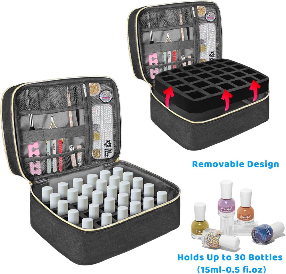 Nagellack Organizer Tasche, Doppelschicht Nagellack Aufbewahrung Box, Organizer Koffer Für Nageldesign Kosmetiktasche Für 30 Flaschen Neonail Base(15Ml-0.5 Fl.Oz) & 1 Nagellampe(Schwarz)