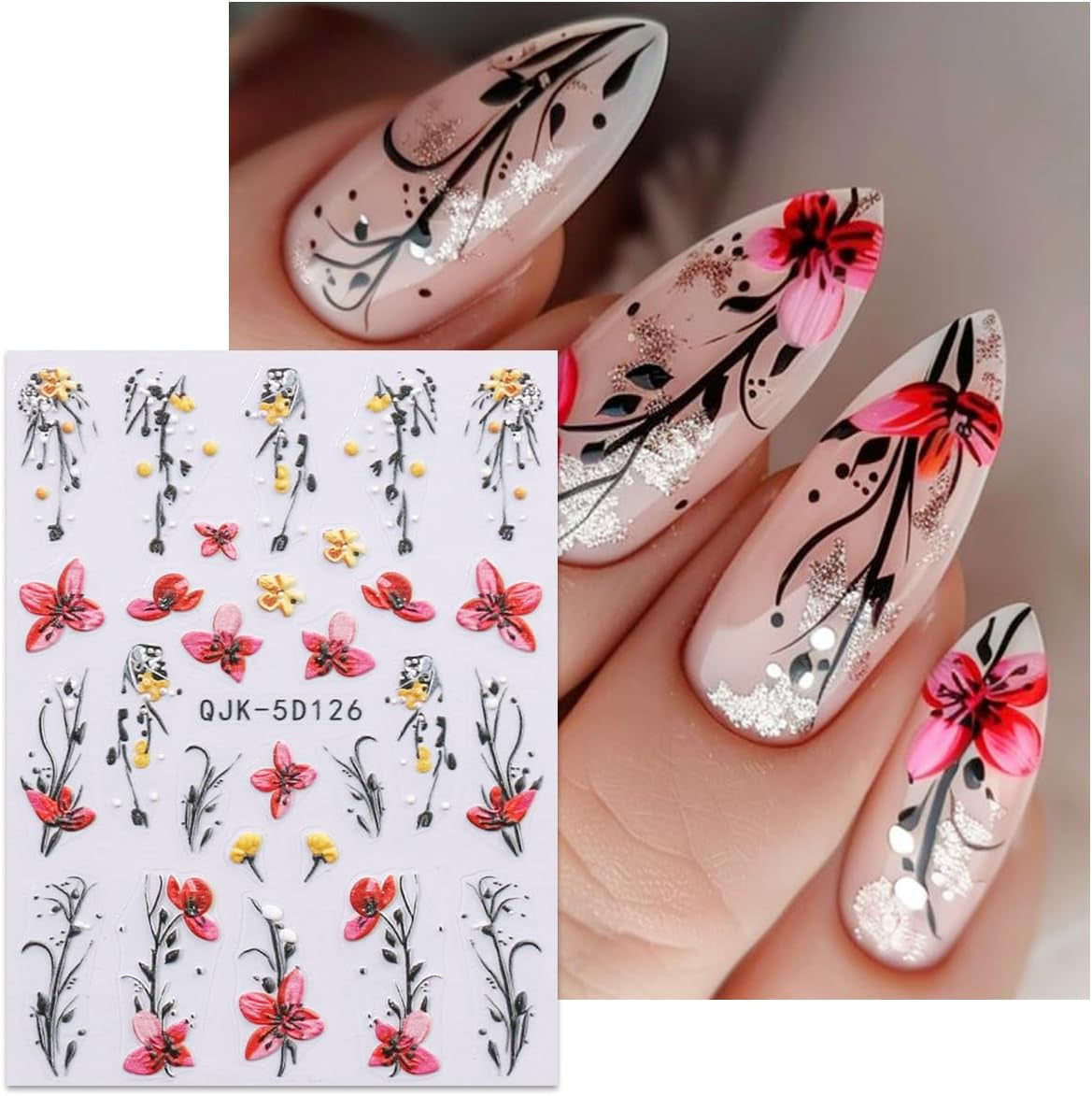 JMEOWIO 3D Nagelsticker Blumen Nail Art Sticker Selbstklebend Nagelaufkleber 5D Stereoskopisch Frühling Sommer Dekoration Nageldesign Zubehör 4 Blatt