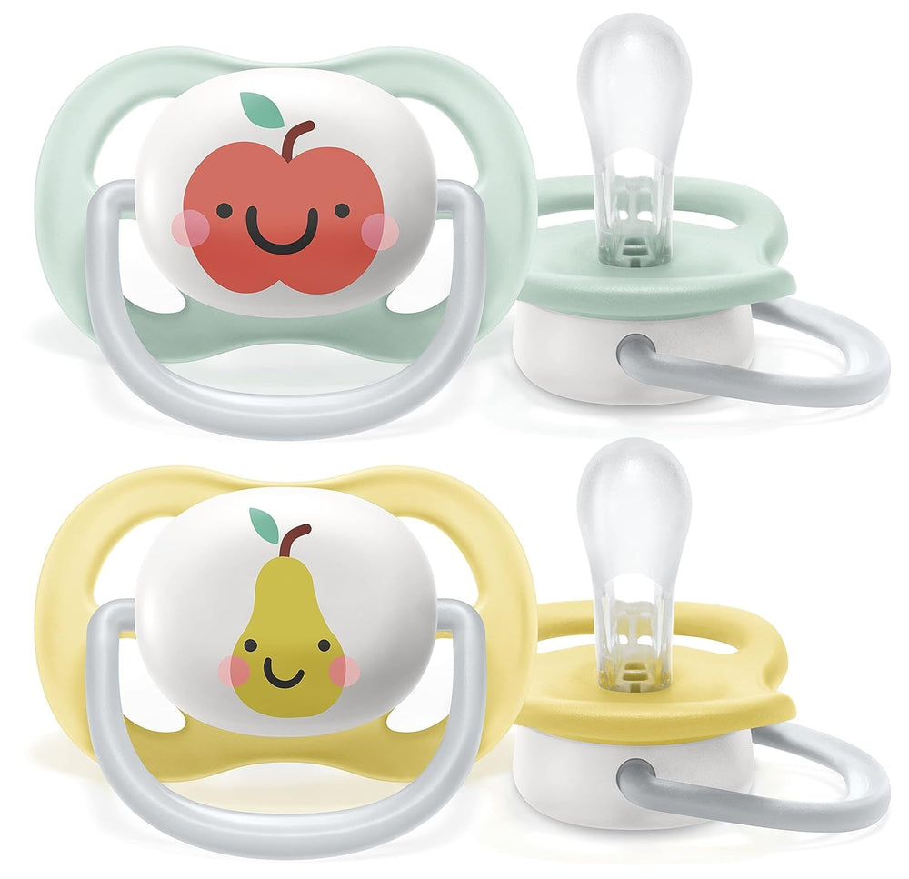 Sucette Philips AVENT ultra air - paquet de 2, sans BPA, respirante, pour bébés de 0 à 6 mois, avec étui de transport et stérilisation, pomme/poire (modèle SCF080/17)