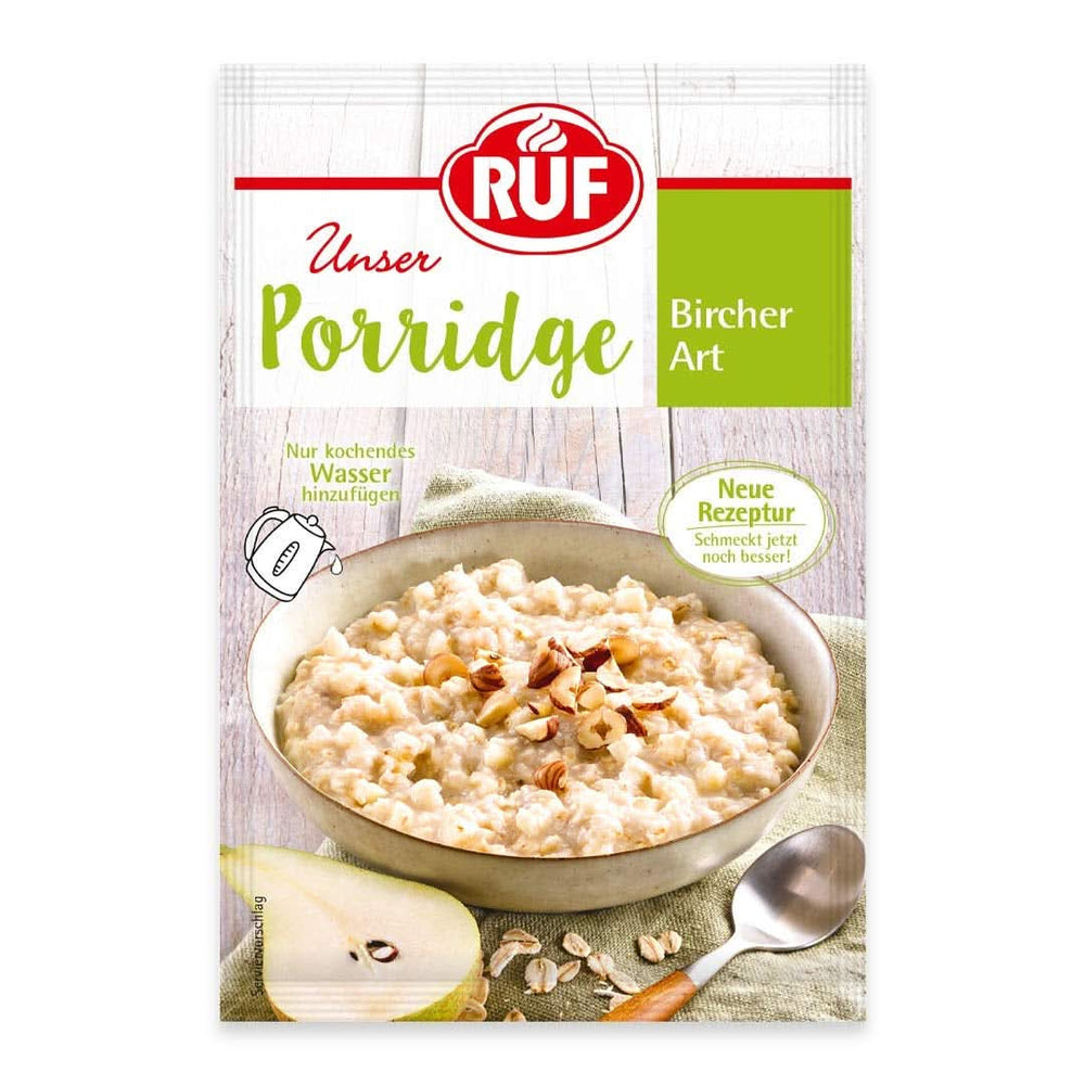 RUF Porridge Raspberry White Choc, Porridge instant cu bucăți de zmeură și ciocolată albă rasă, 65 de grame Cereale Naty Shop 65 grame Bircher - Pere si alune de padure